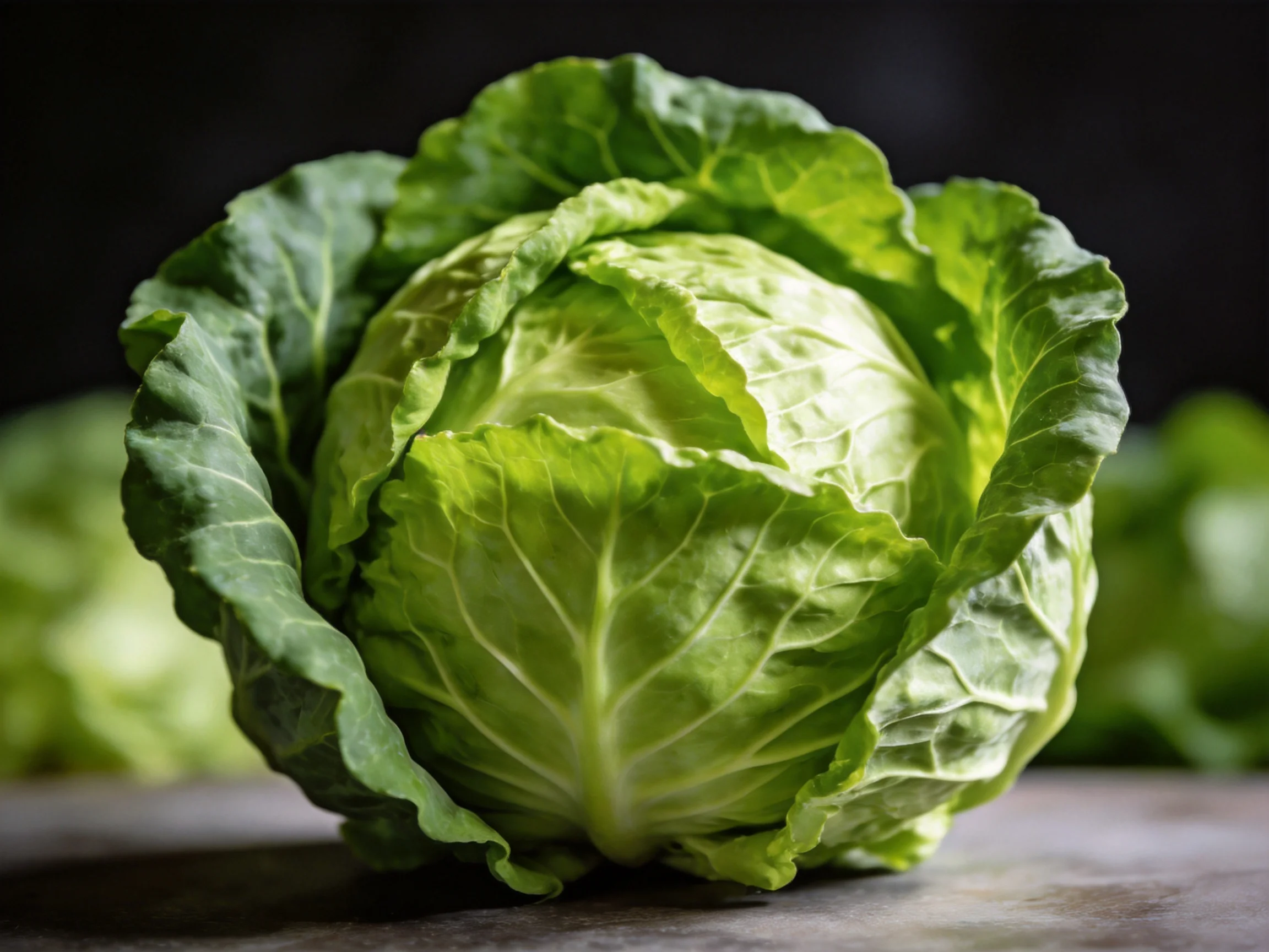 Fresh green cabbage with crisp textured leaves on a dark surface