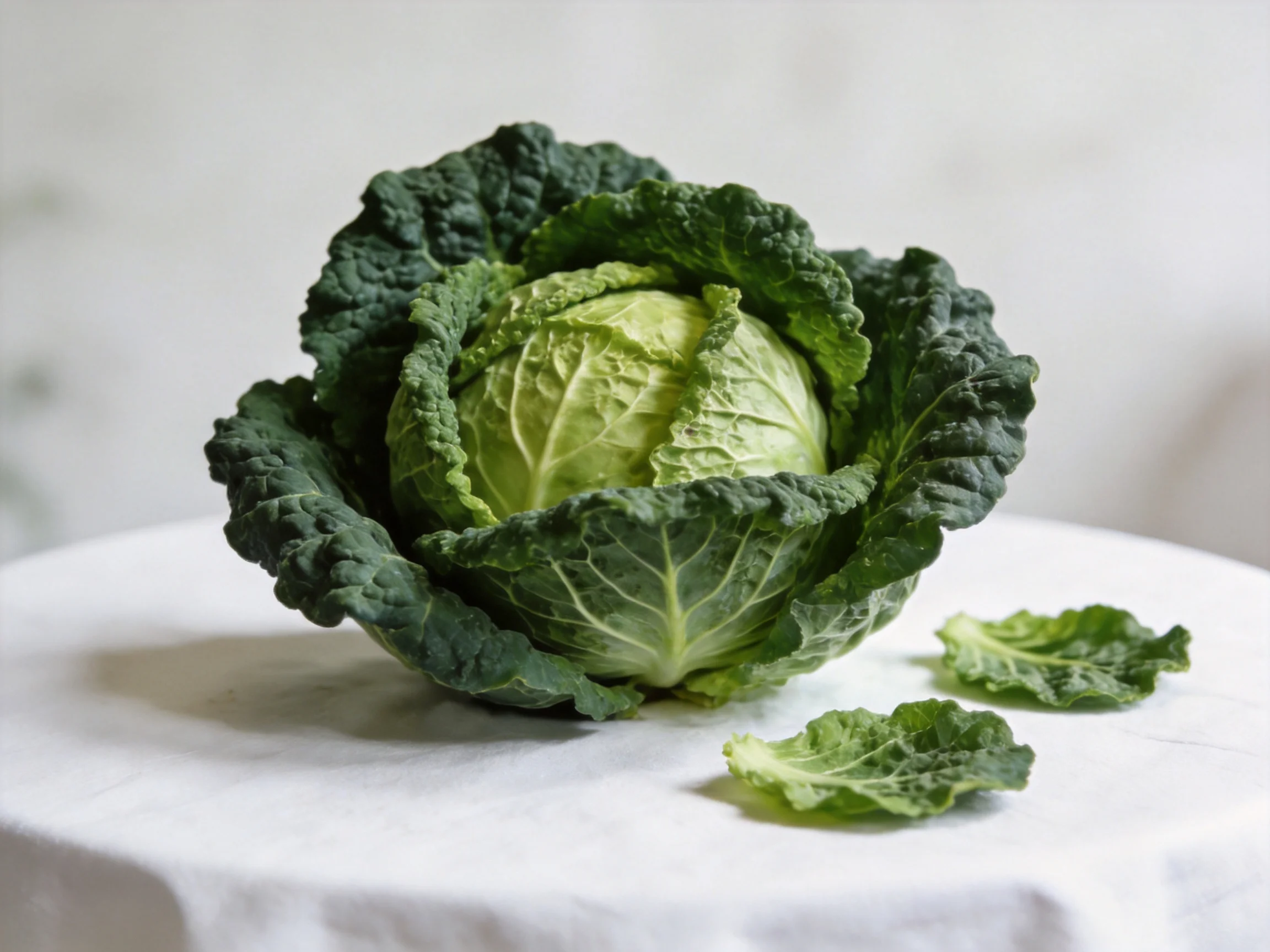 Fresh green cabbage with dark outer leaves on a white surface