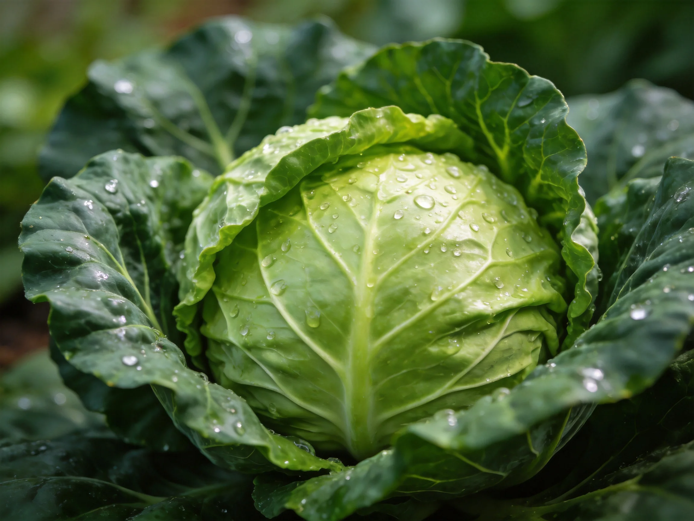 Fresh green cabbage with dew drops surrounded by large leaves