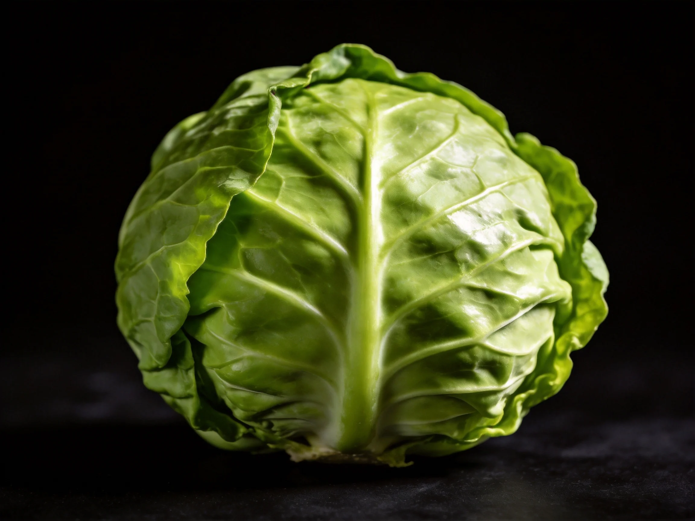 Fresh green cabbage with distinct leaf textures on a dark background