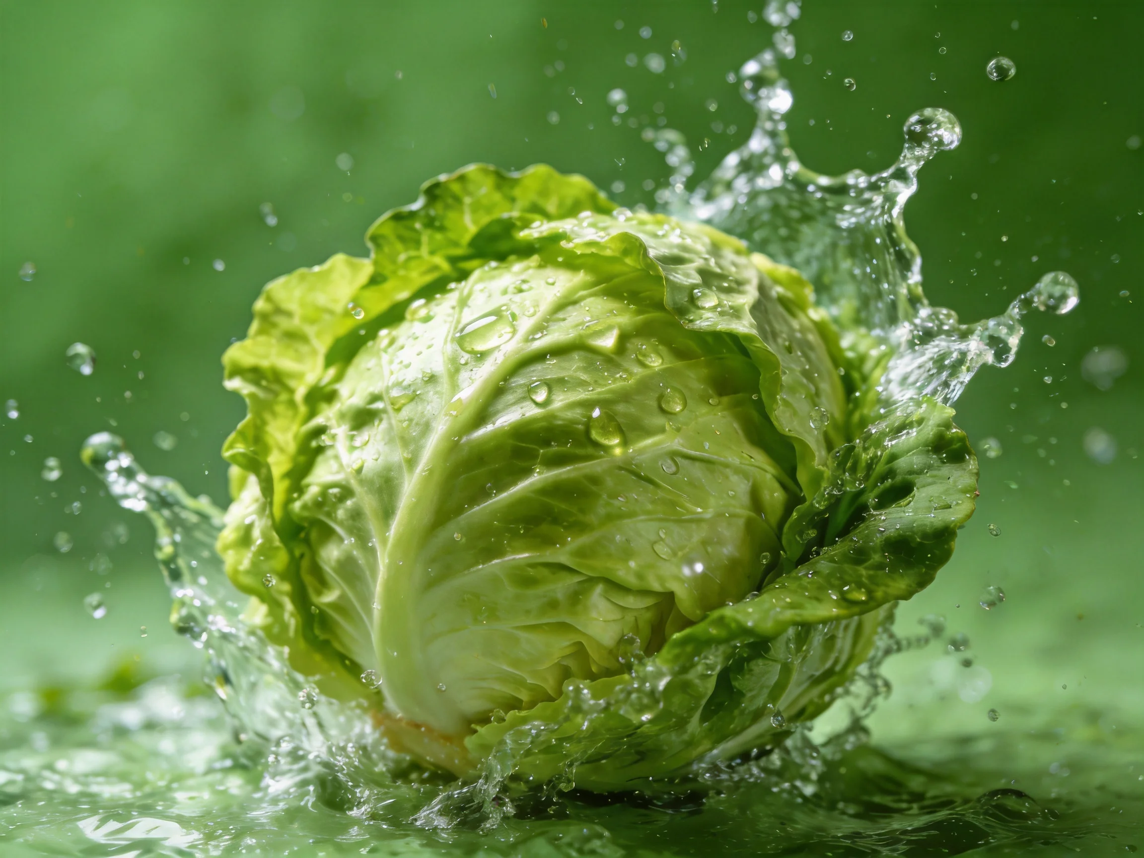 Fresh green cabbage with dynamic water splash and glistening droplets