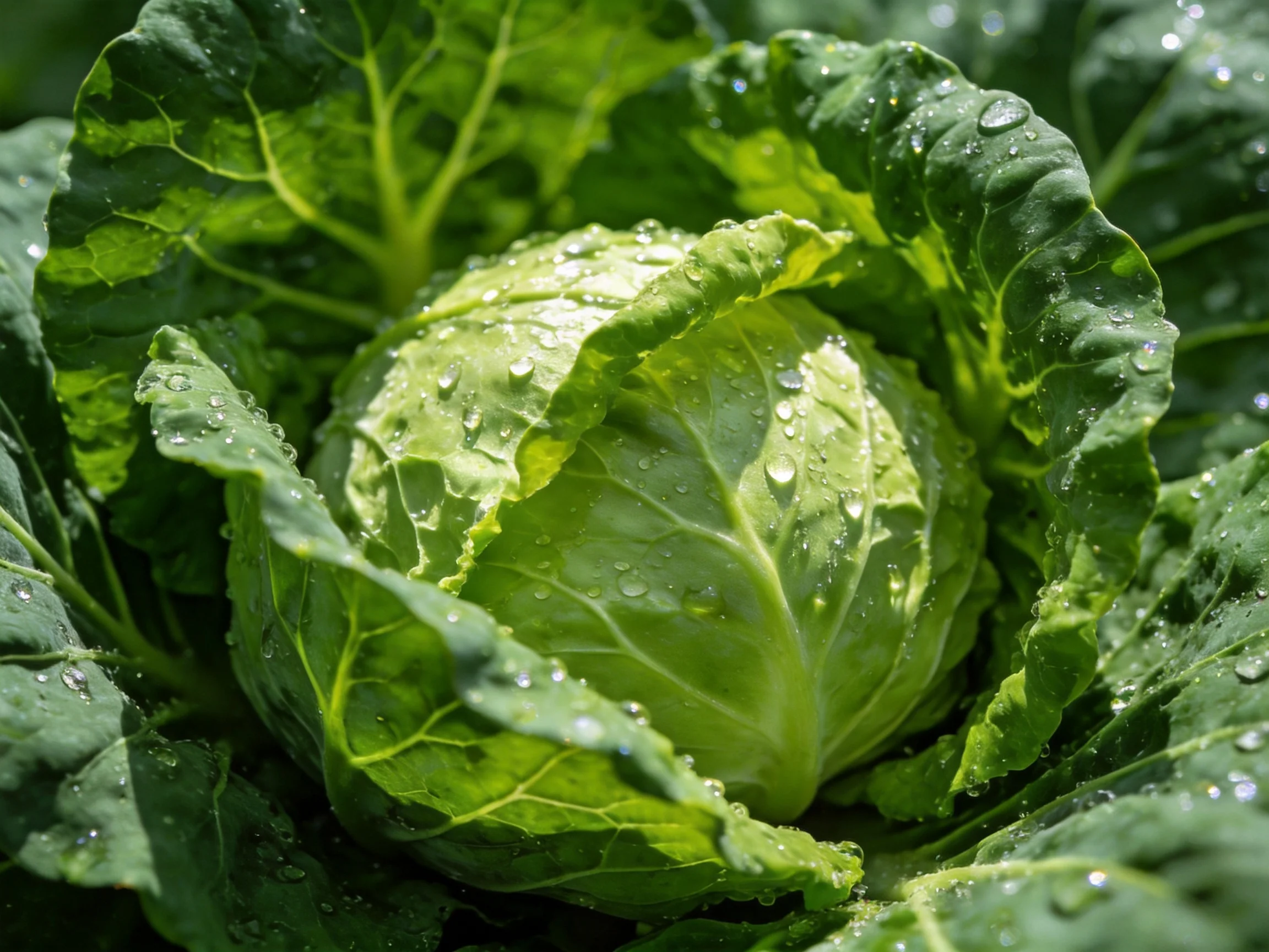 Fresh green cabbage with glistening dew drops surrounded by broad leaves