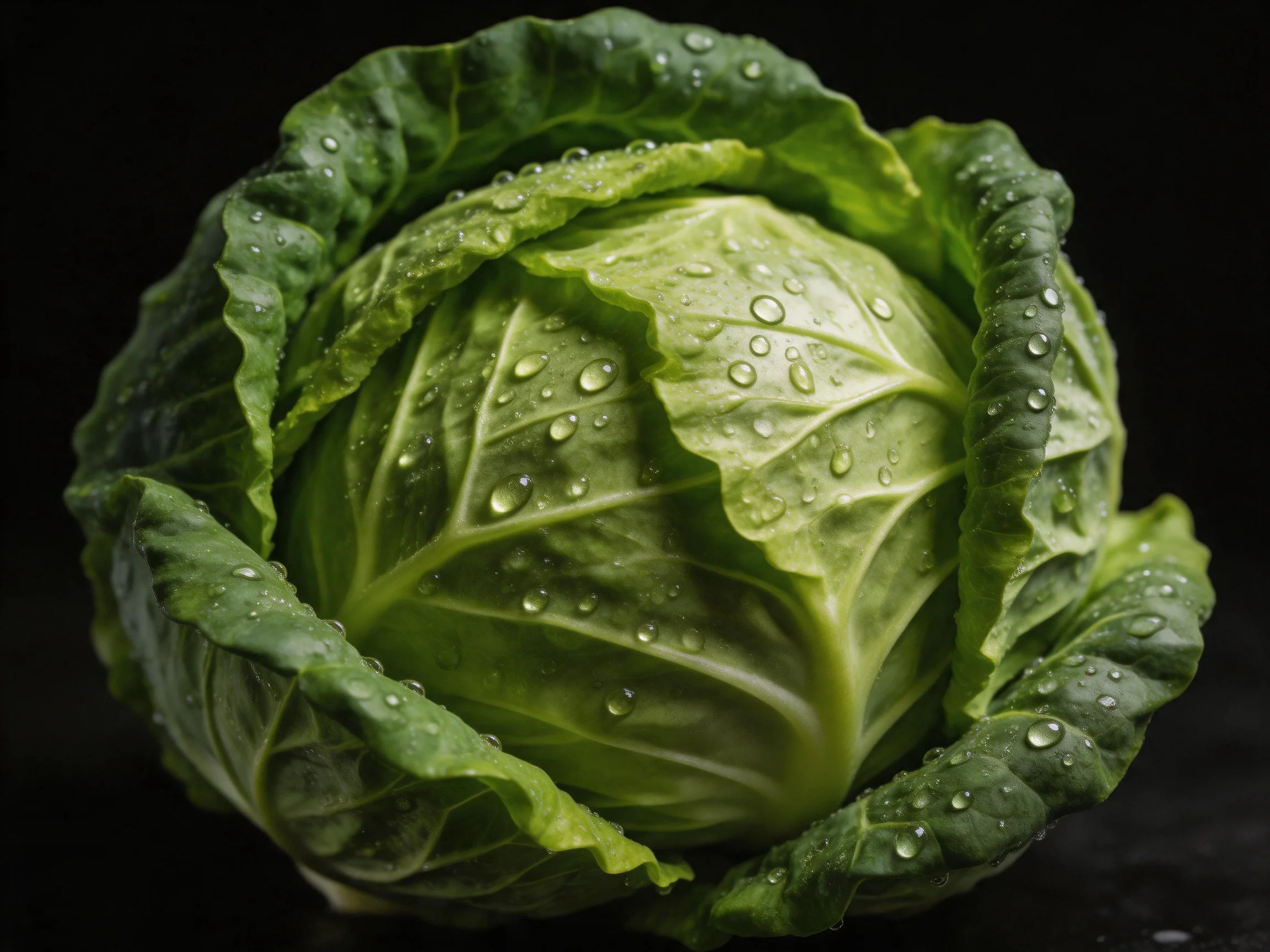 Fresh green cabbage with glistening water droplets