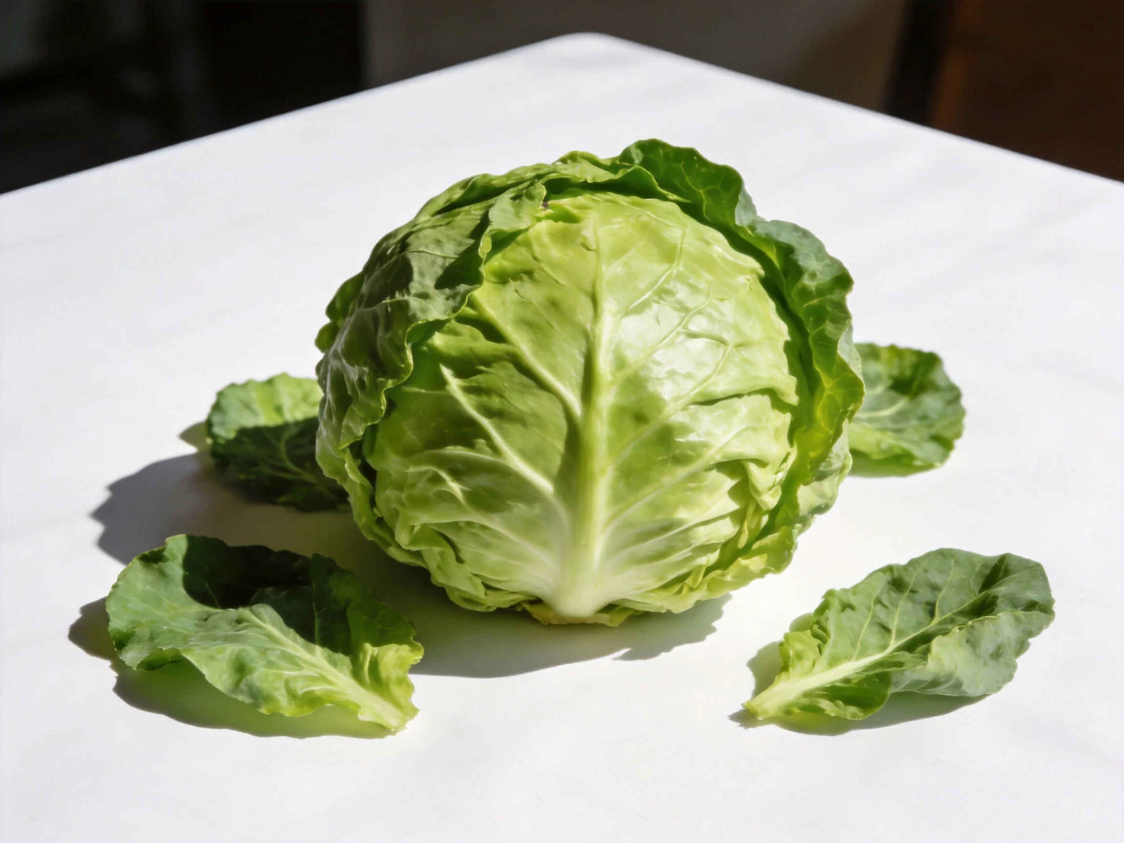 Fresh green cabbage with scattered leaves on a white table