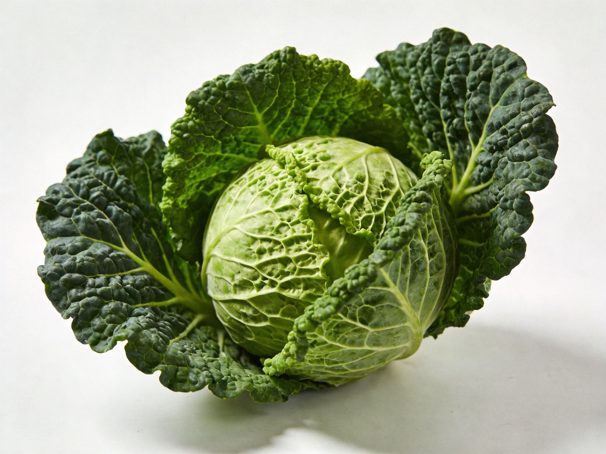 Fresh green cabbage with textured crinkled leaves