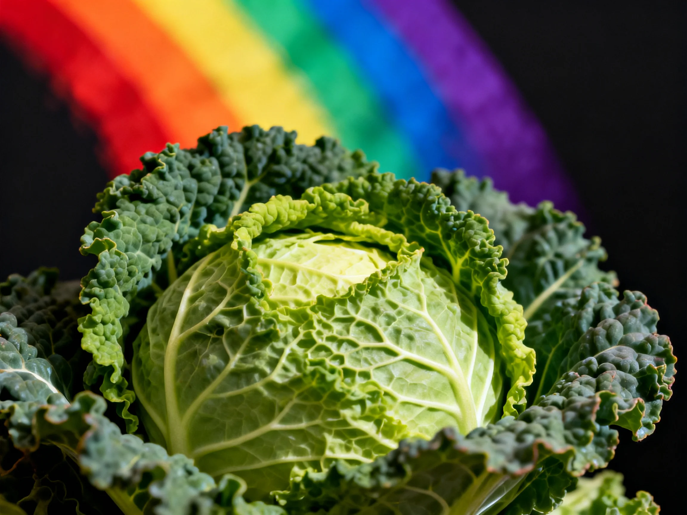 Fresh green cabbage with vibrant rainbow backdrop