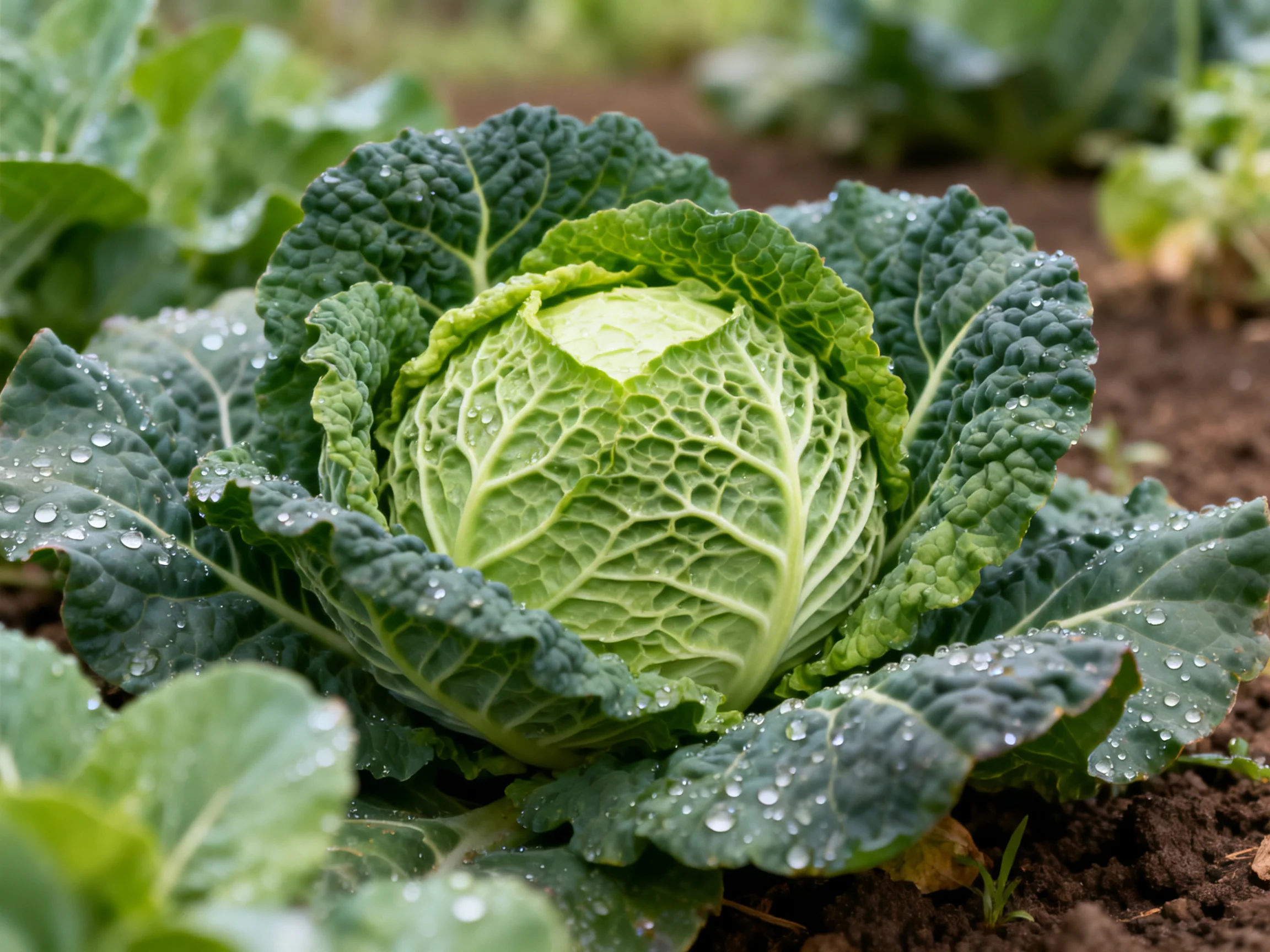 Fresh green cabbage with water droplets in a cultivated garden