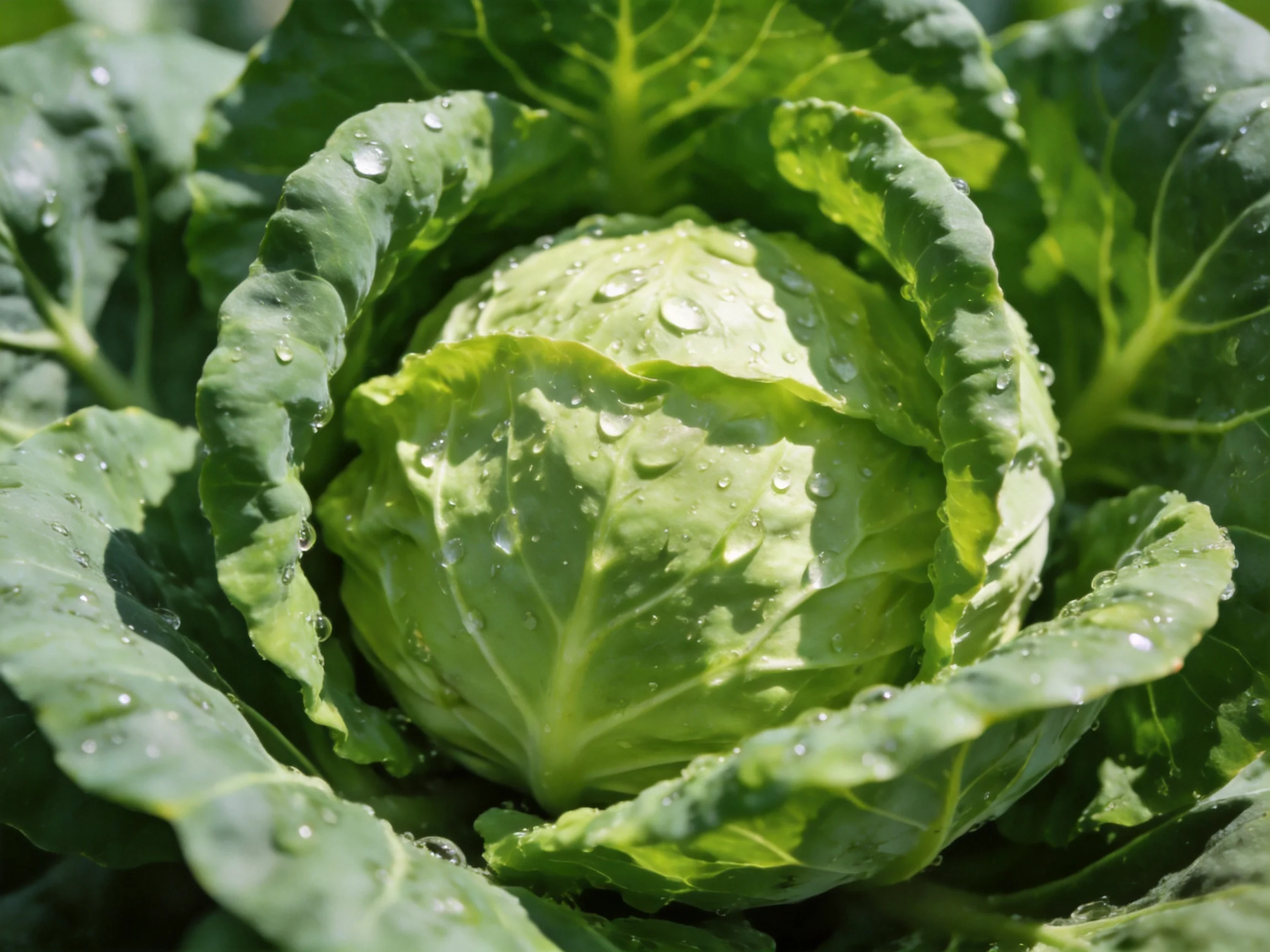 Fresh green cabbage with water droplets on broad leaves