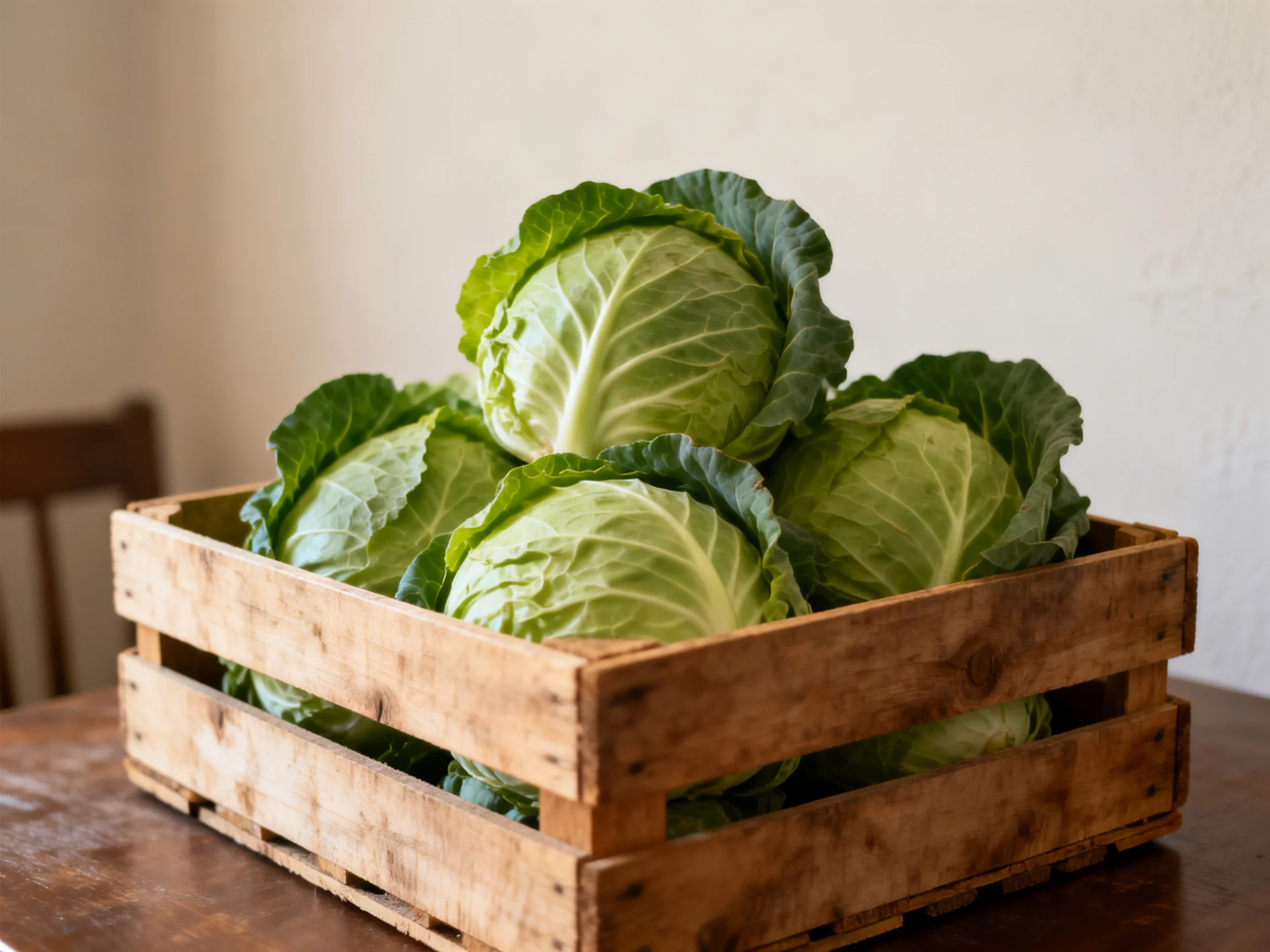 Fresh green cabbages arranged in an aged wooden crate