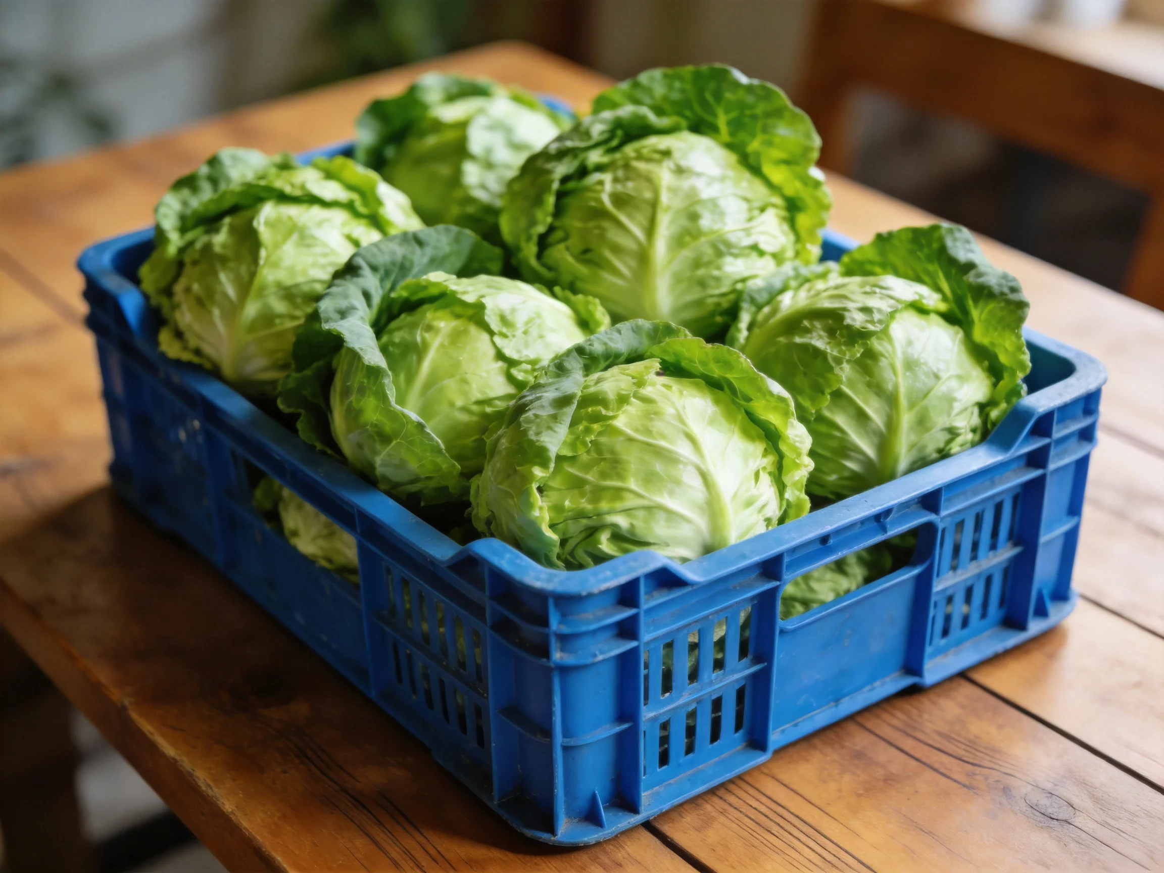 Fresh green cabbages fill a blue plastic crate on a wooden table