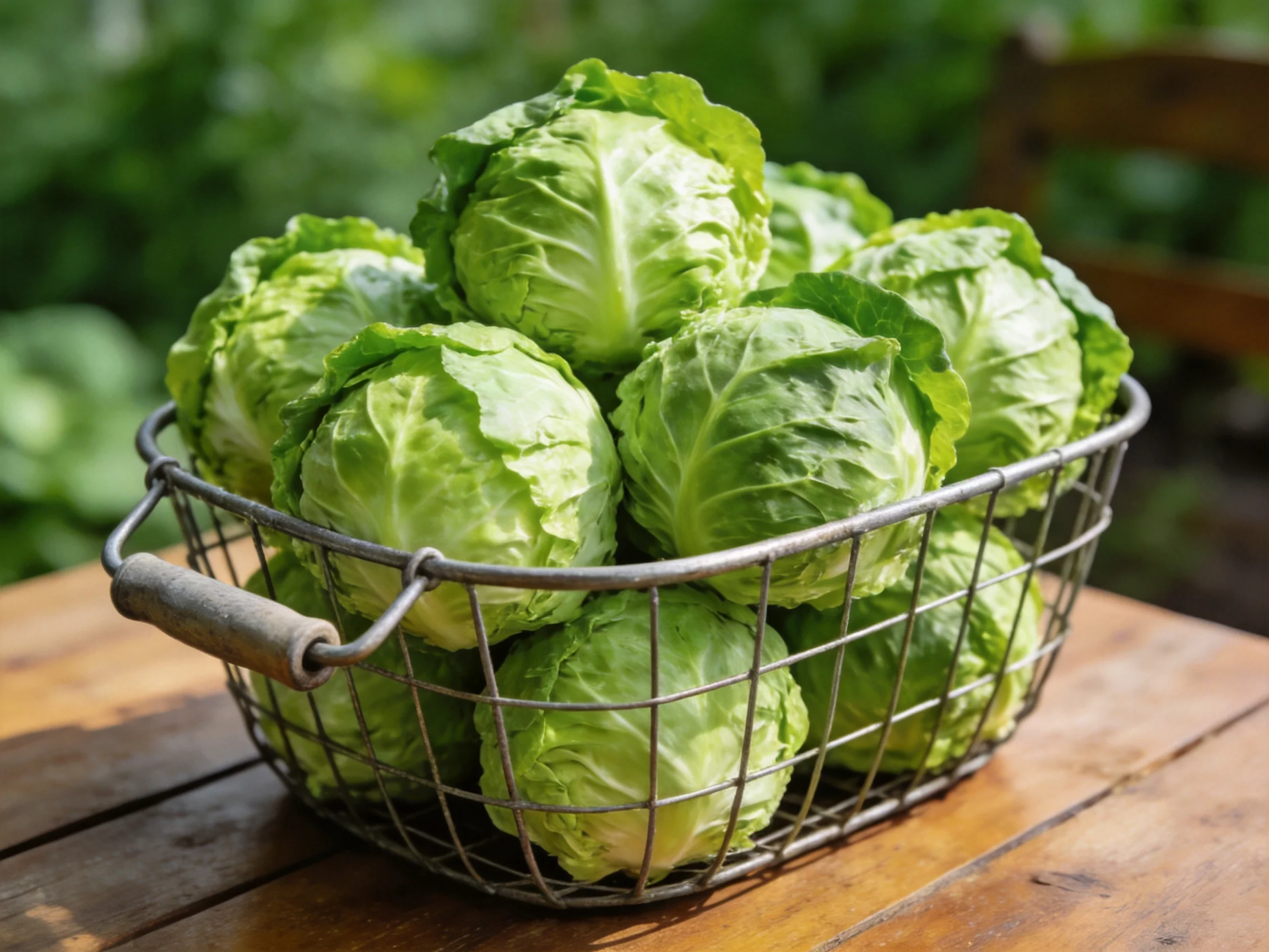 Fresh green cabbages filling a wire basket on a wooden table