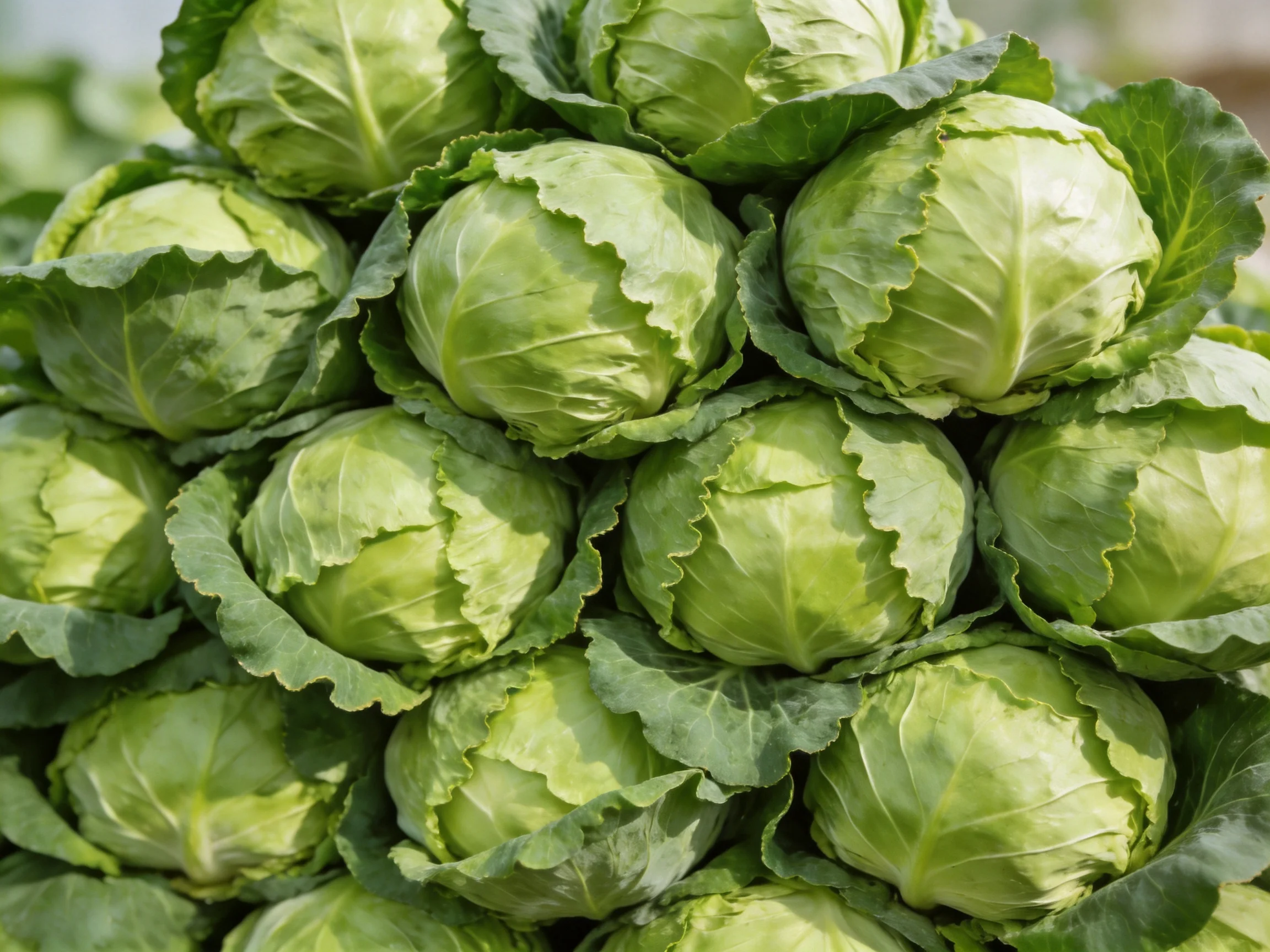 Fresh green cabbages stacked densely with broad leaves