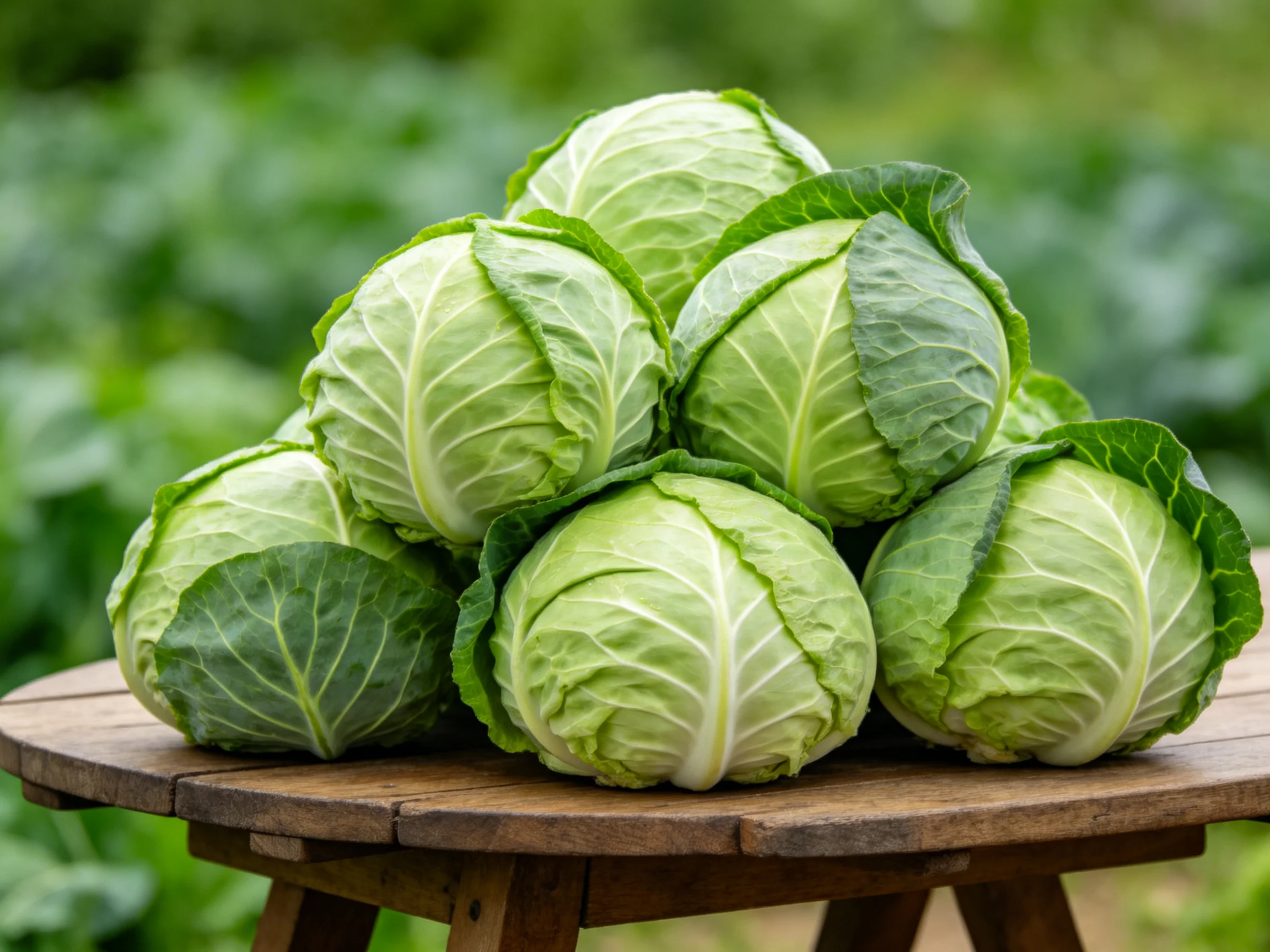 Fresh green cabbages stacked on a rustic wooden table outdoors