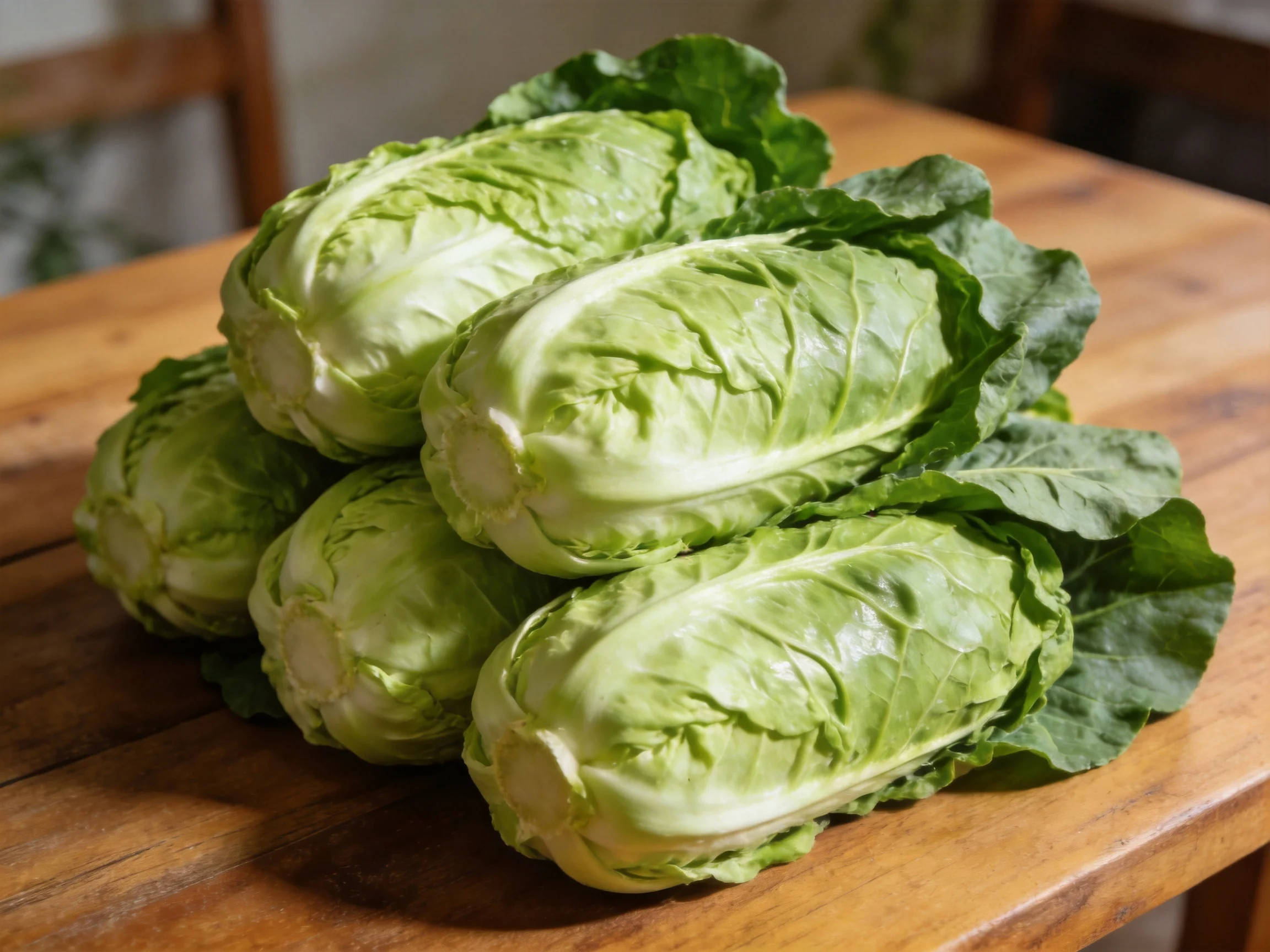 Fresh green cabbages stacked on a wooden table