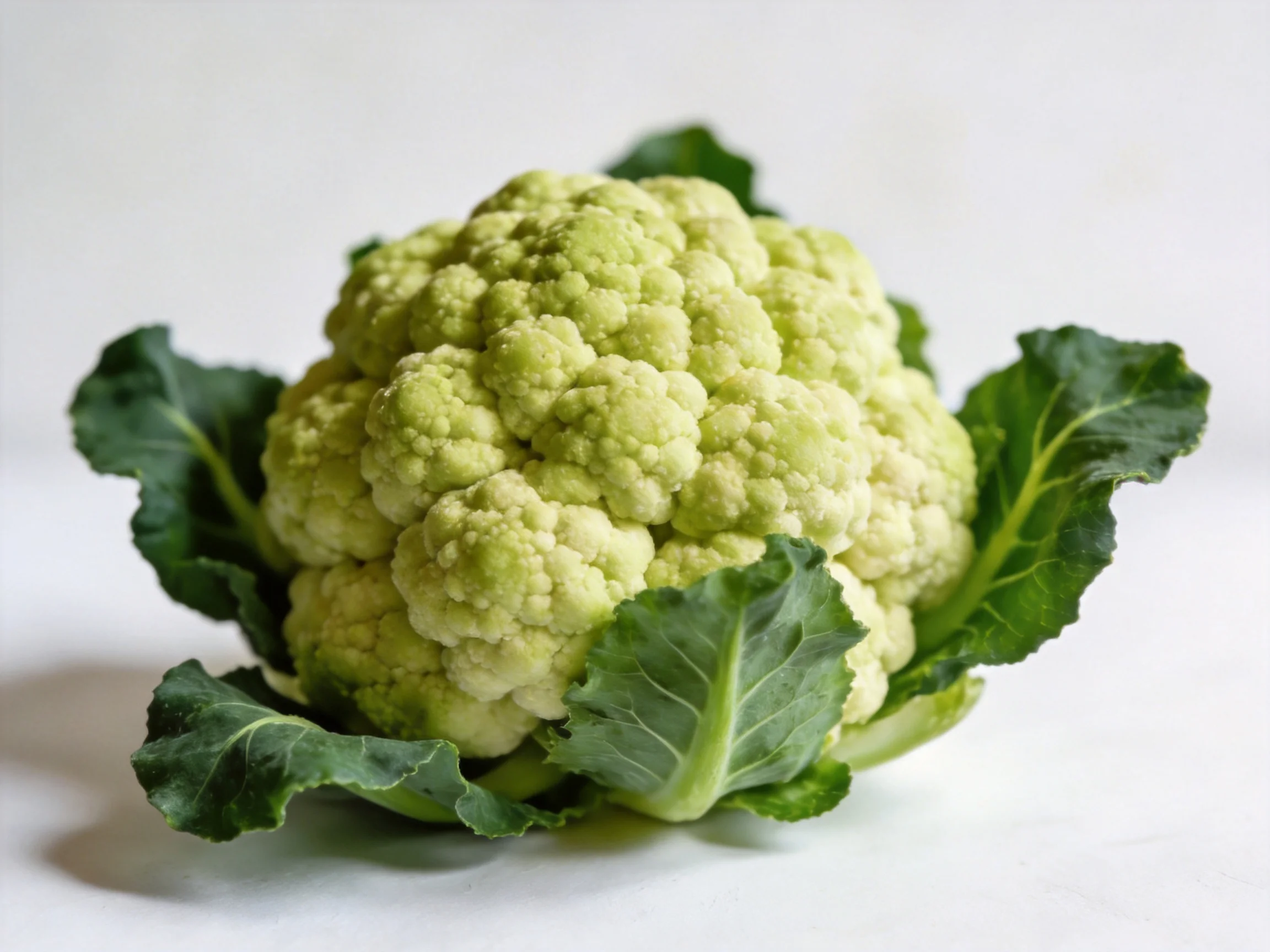 Fresh green cauliflower head with dark green foliage