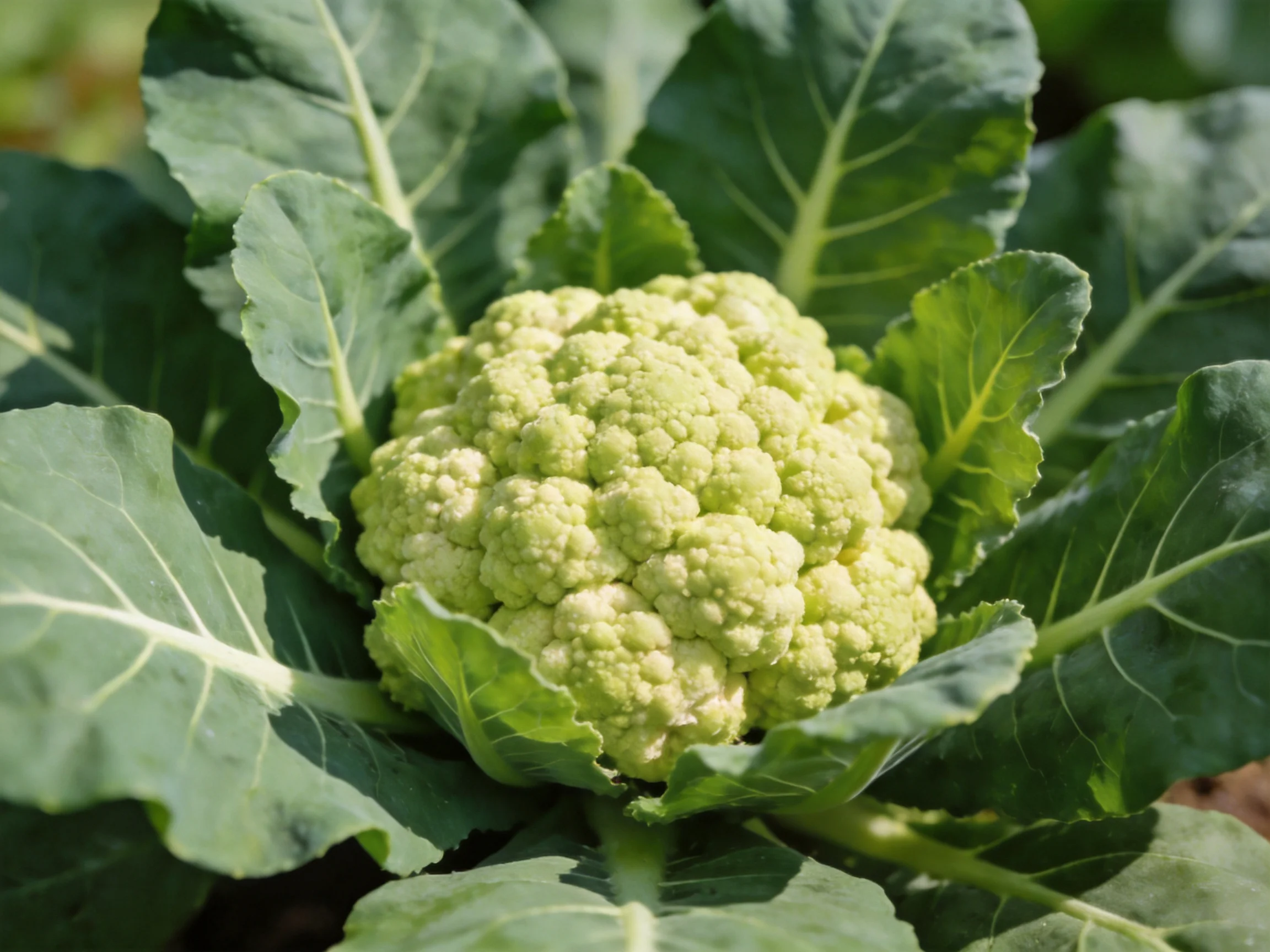 Fresh green cauliflower surrounded by broad leafy greens