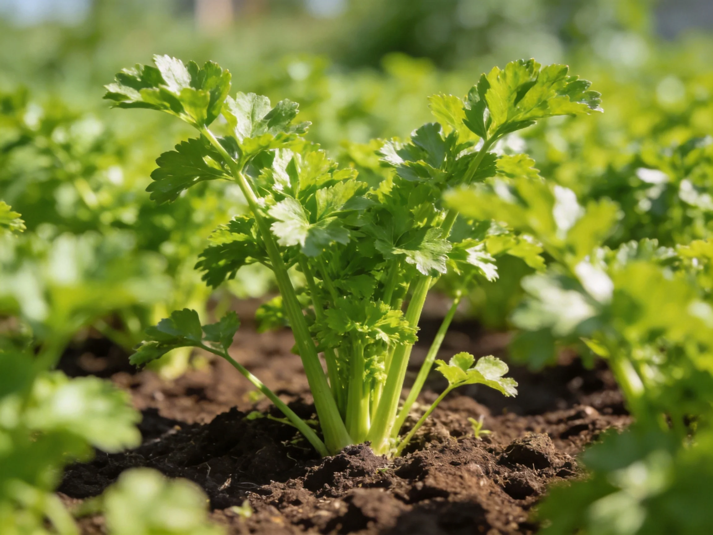 Fresh green celery plants growing in dark brown soil under bright sunlight