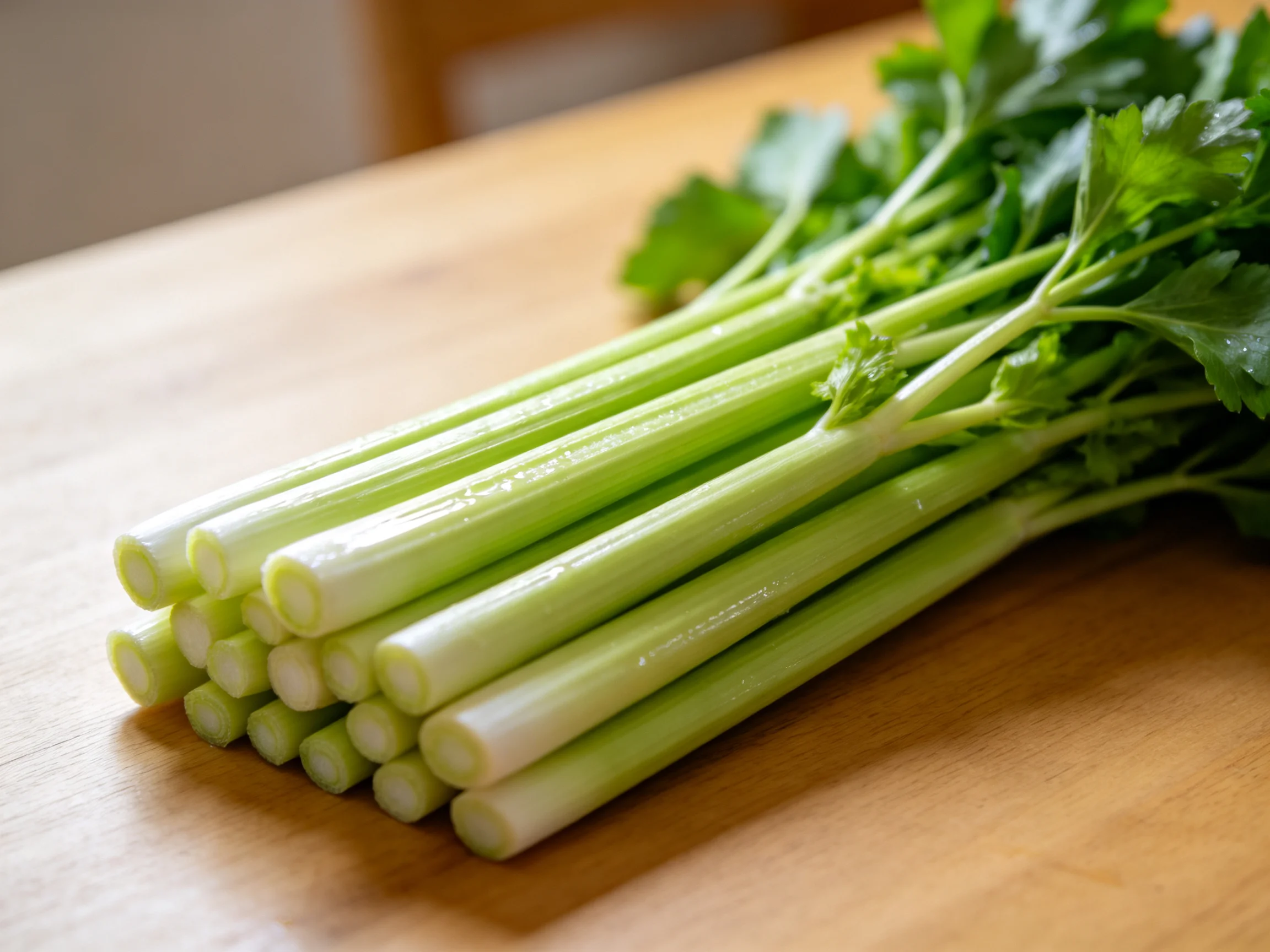 Fresh green celery stalks arranged on a wooden cutting board