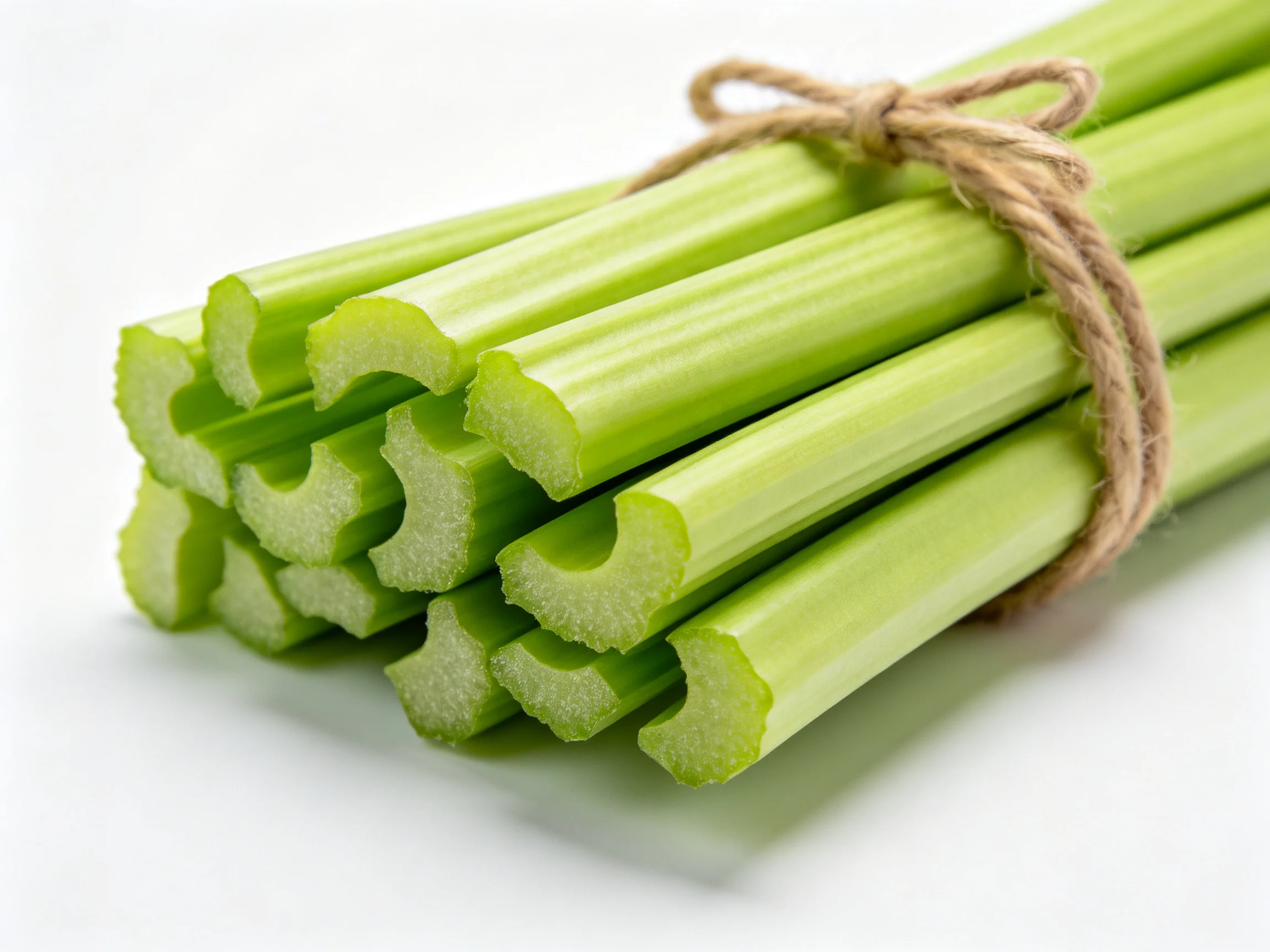 Fresh green celery stalks bundled together with twine on a white surface