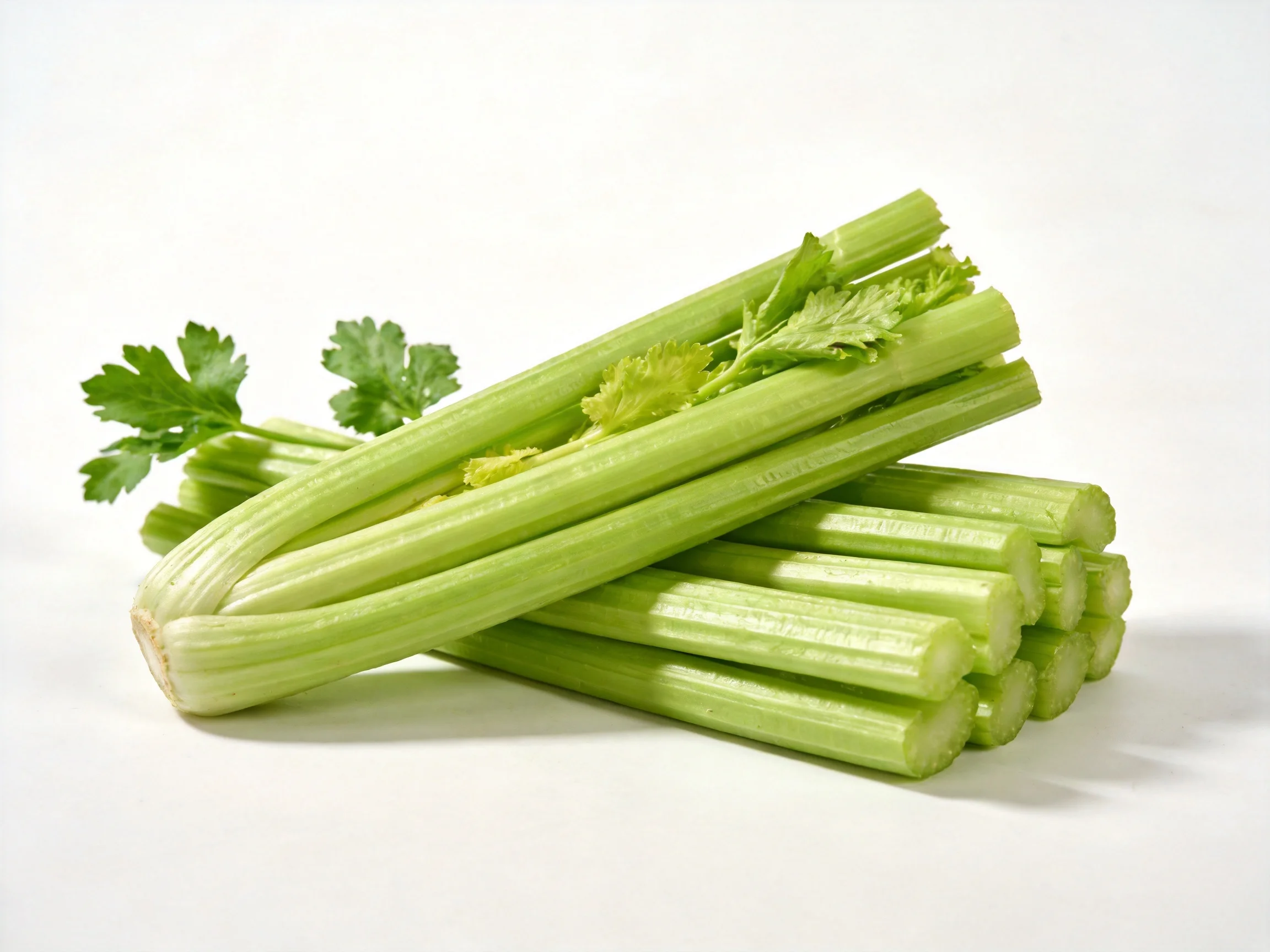 Fresh green celery stalks clustered with leafy greens on white background