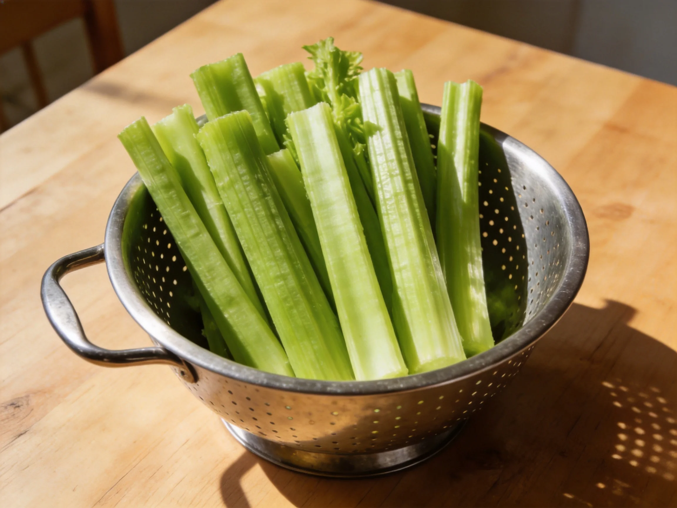 Fresh green celery stalks in a metal colander on a wooden table