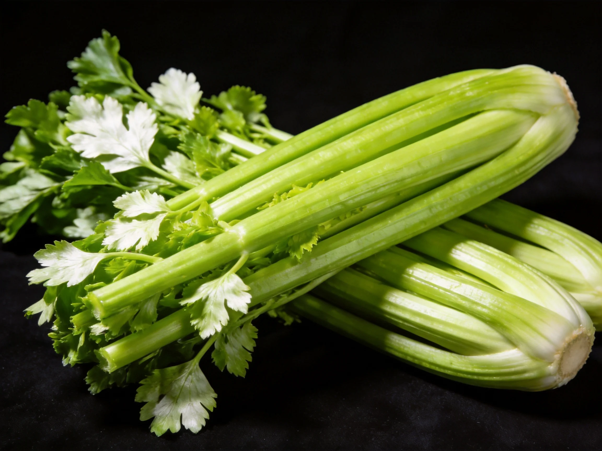 Fresh green celery stalks with leafy tops on dark background