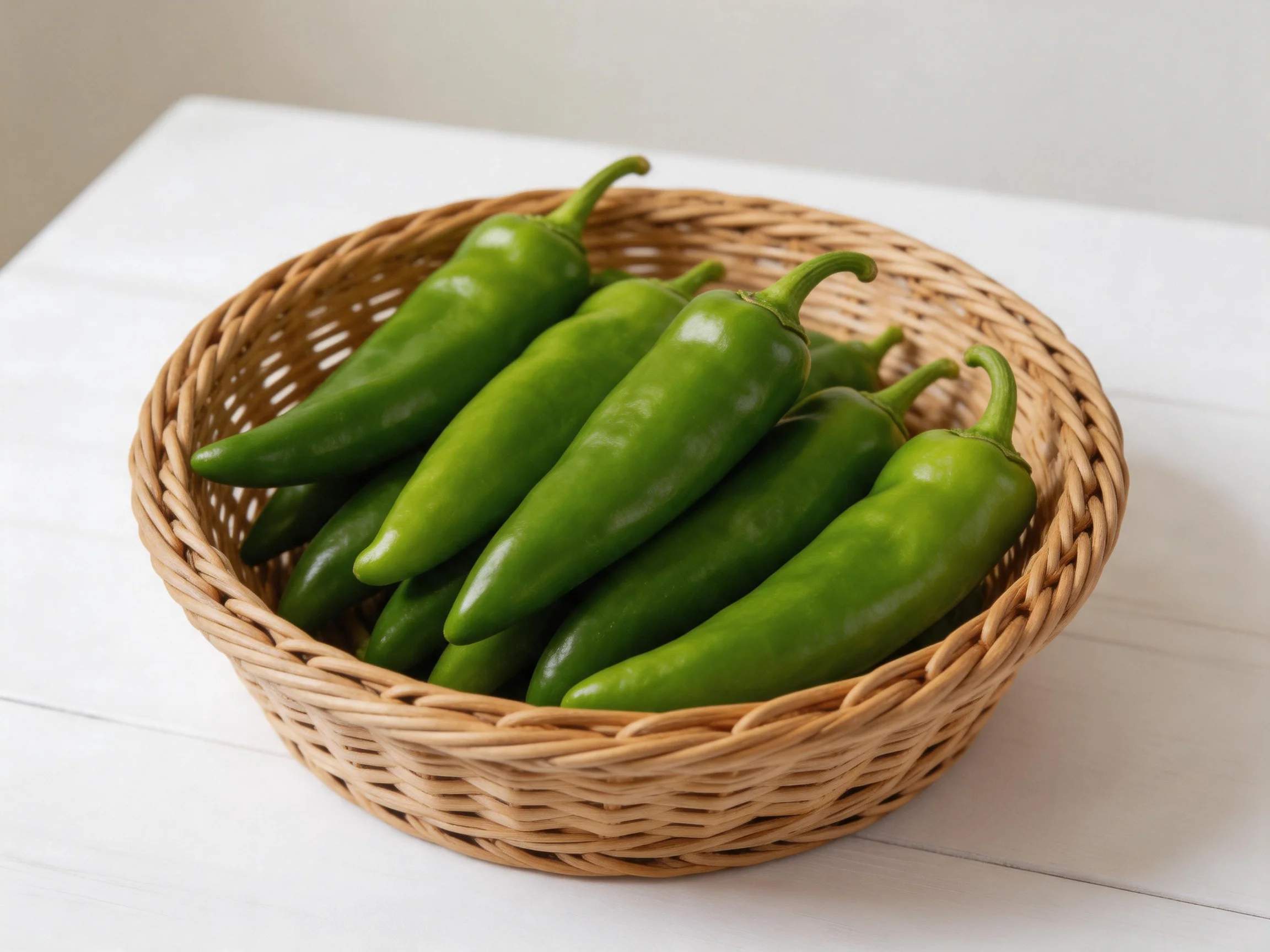 Fresh green chili peppers arranged in a woven basket