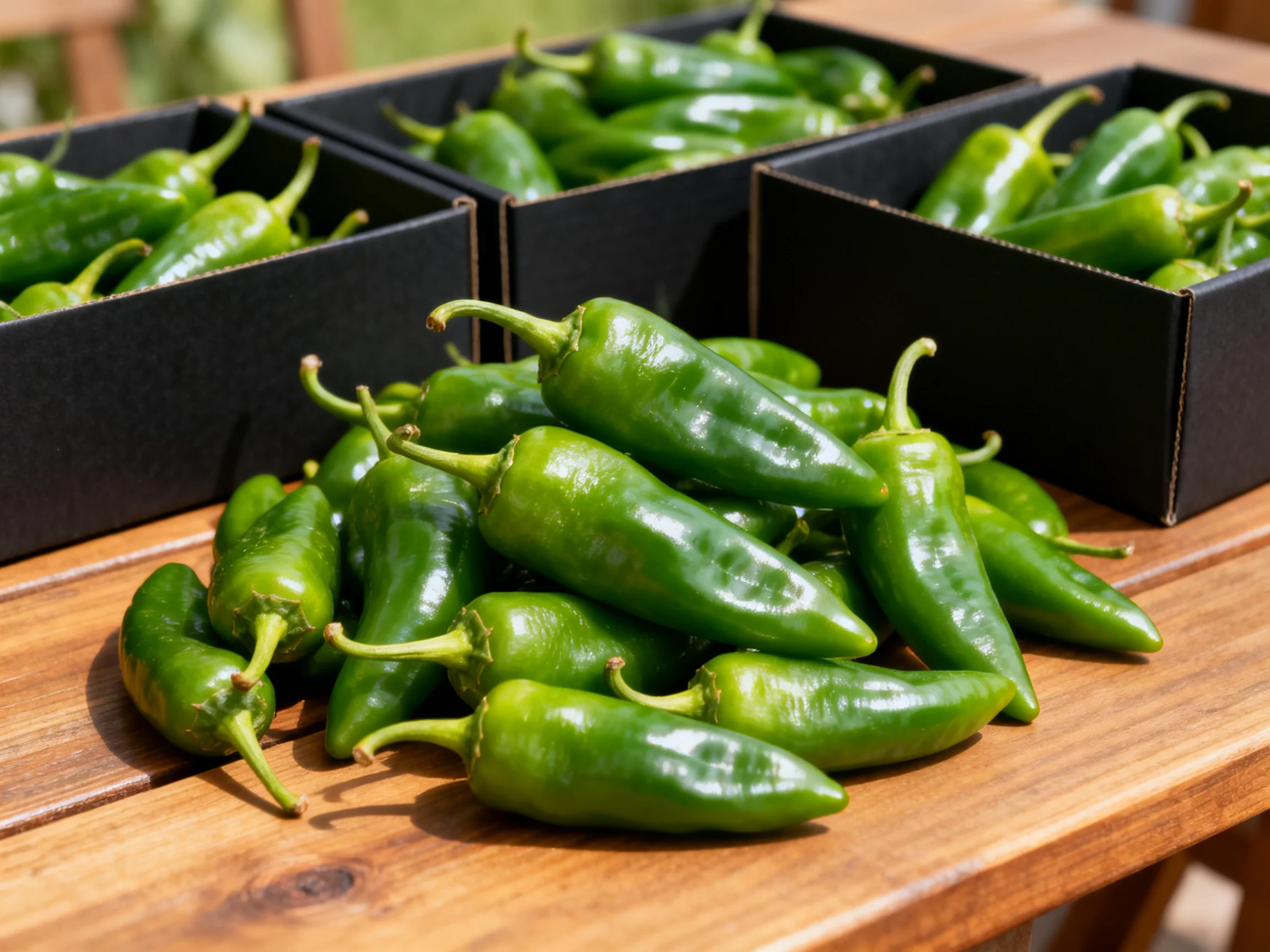 Fresh green chili peppers arranged on wooden table with black containers