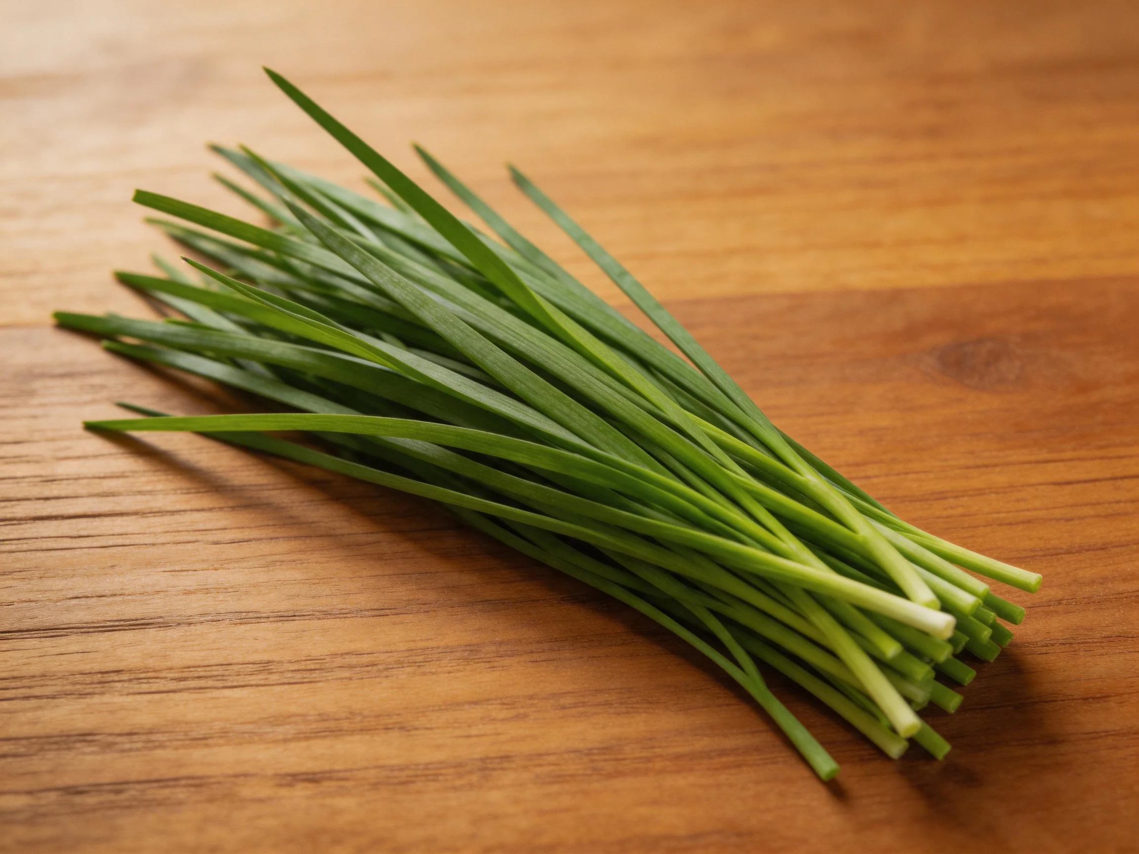 Fresh green chive bundle arranged on a polished wooden surface
