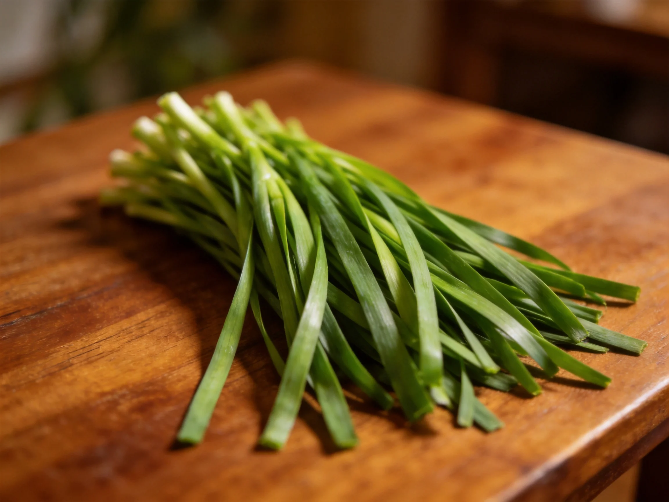 Fresh green chive bundle placed on a polished wooden cutting board