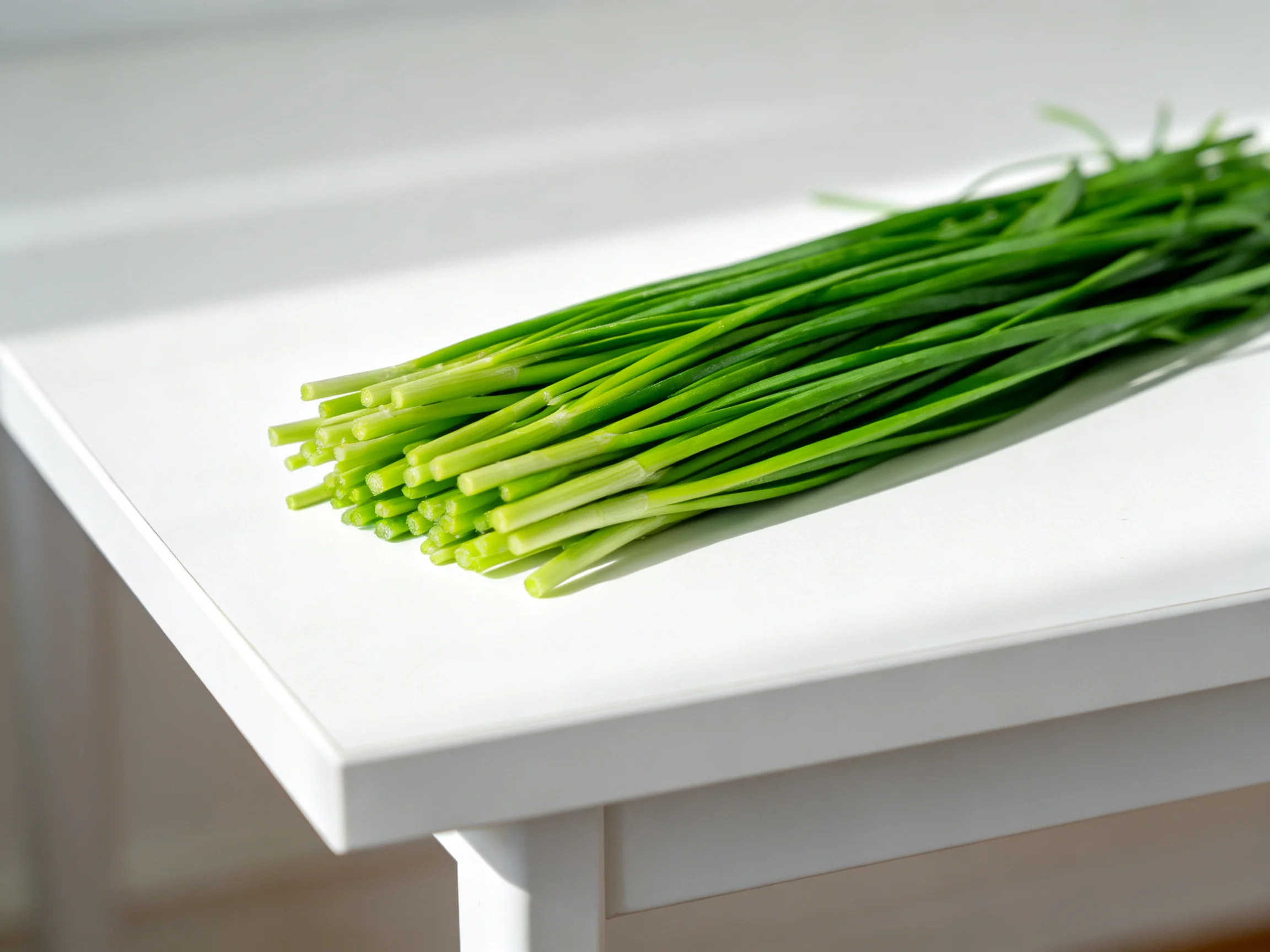 Fresh green chives arranged on a minimalist white table