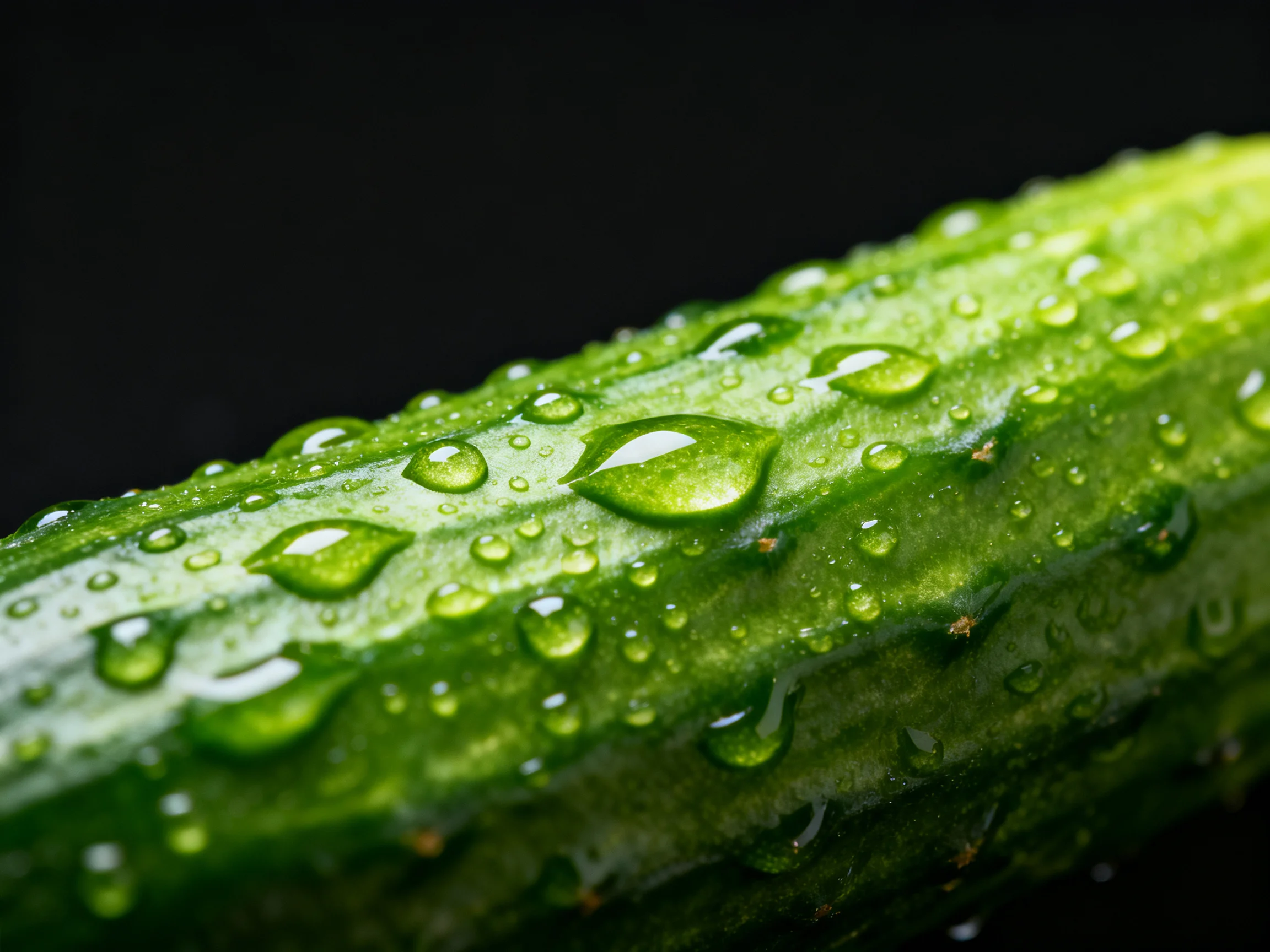 Fresh green cucumber adorned with numerous clear water droplets