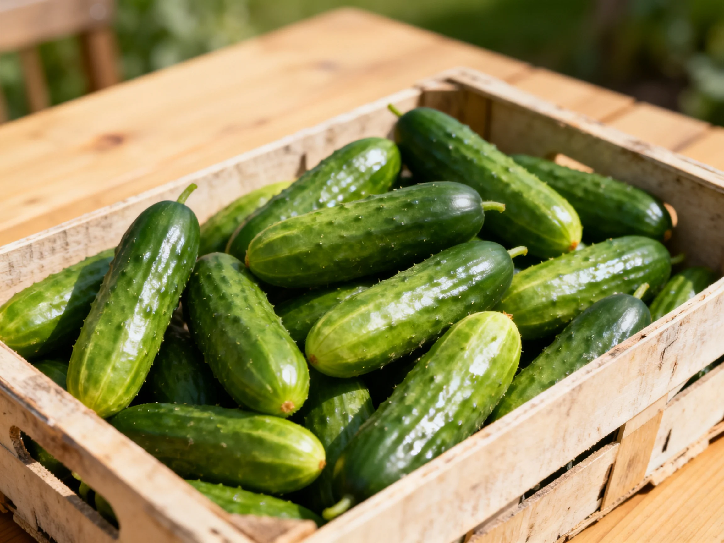 Fresh green cucumbers abundant in a rustic wooden crate on a light wood table