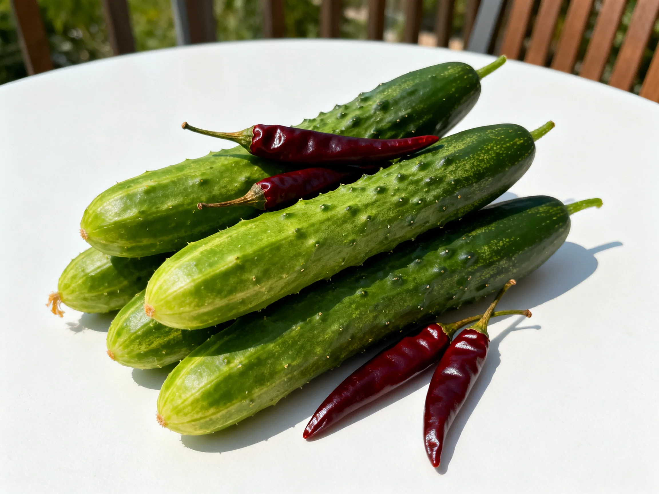 Fresh green cucumbers and dark red chili peppers on a white surface