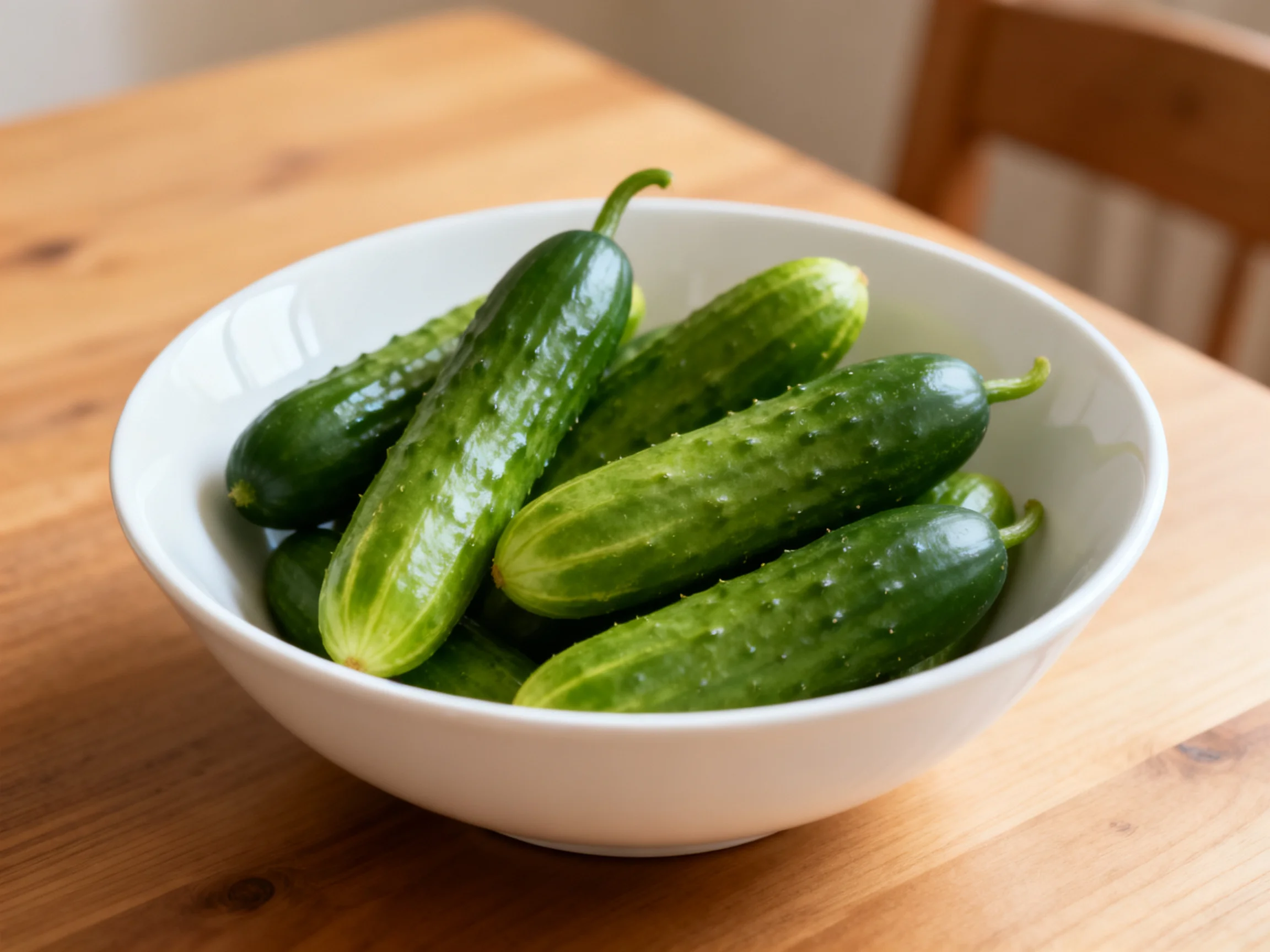 Fresh green cucumbers arranged in a white bowl on a wooden surface