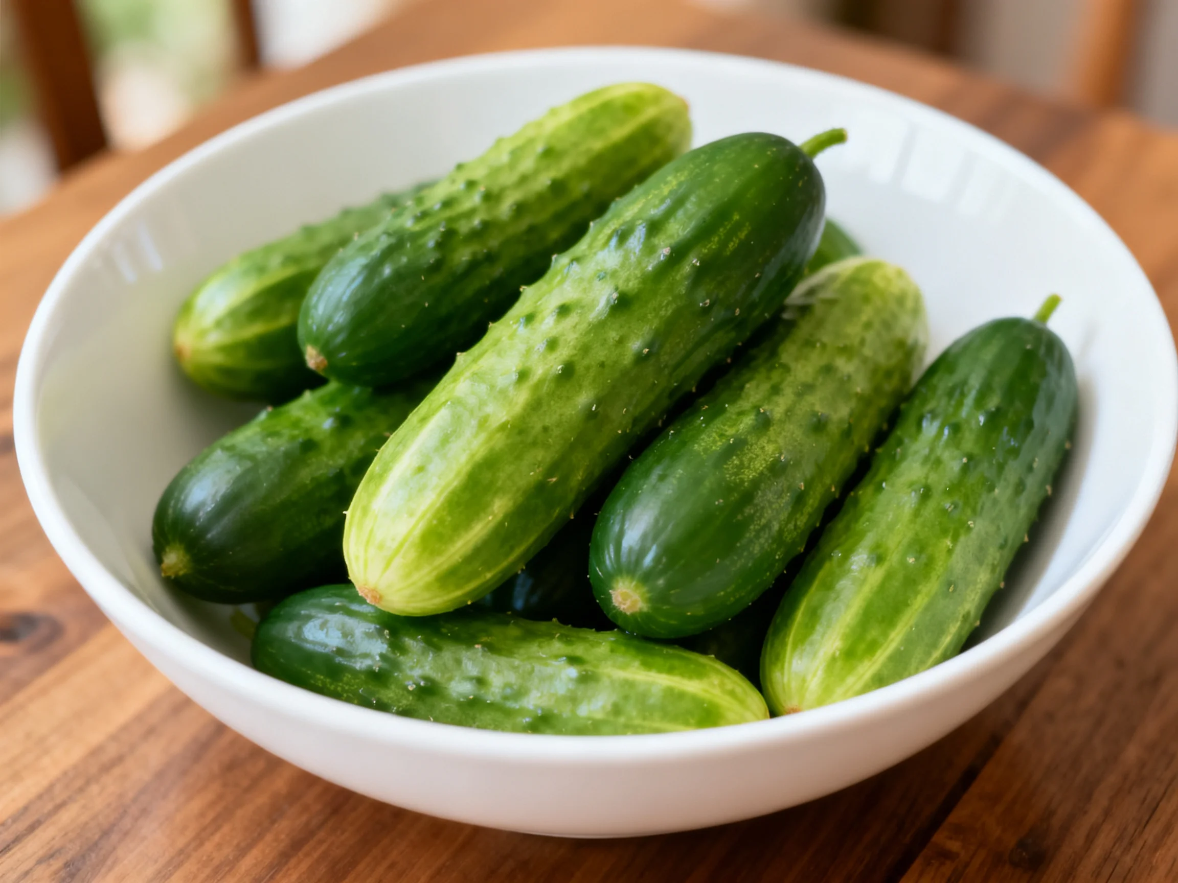 Fresh green cucumbers arranged in a white ceramic bowl on a wooden table