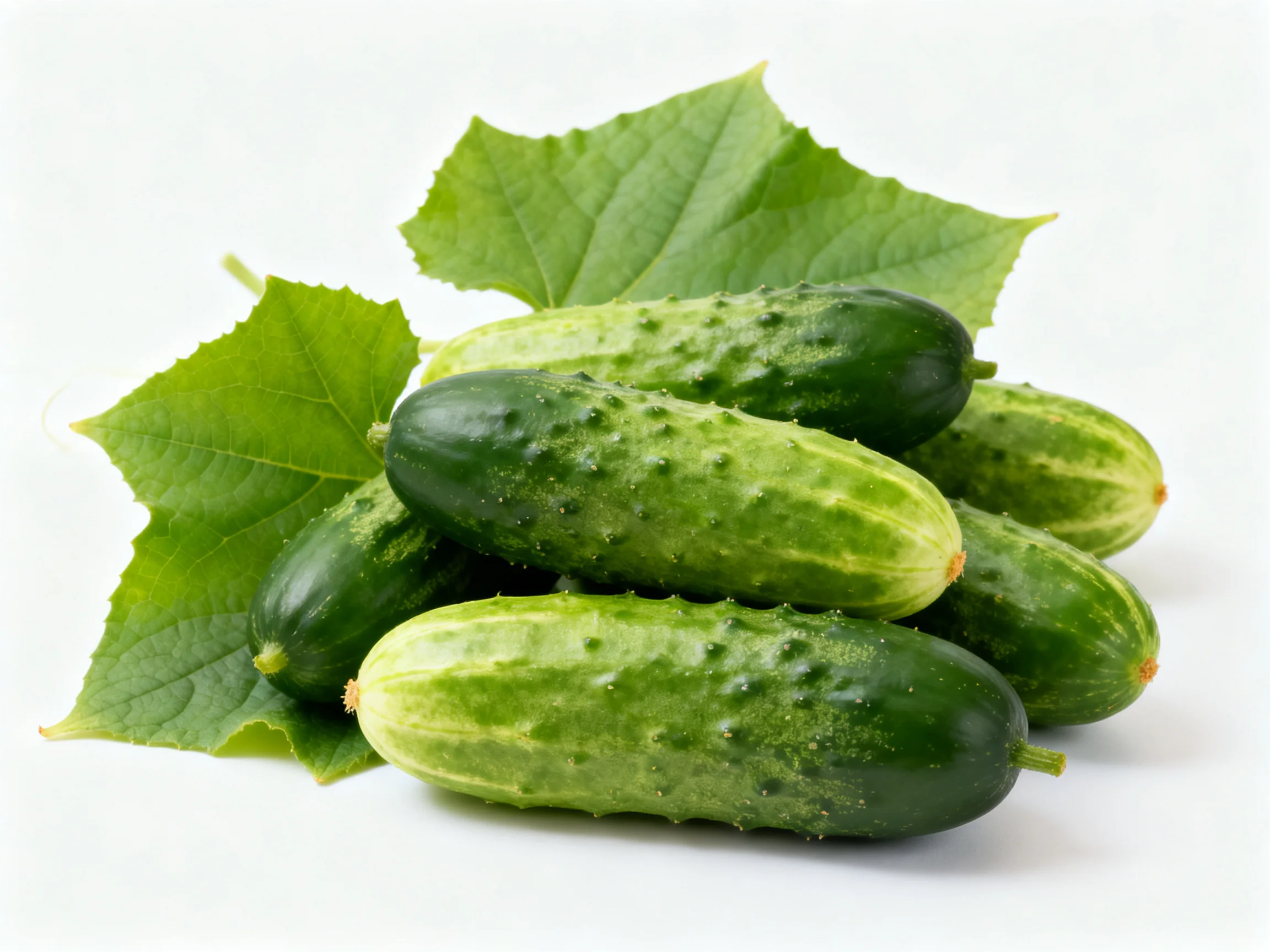 Fresh green cucumbers clustered with large leafy greens