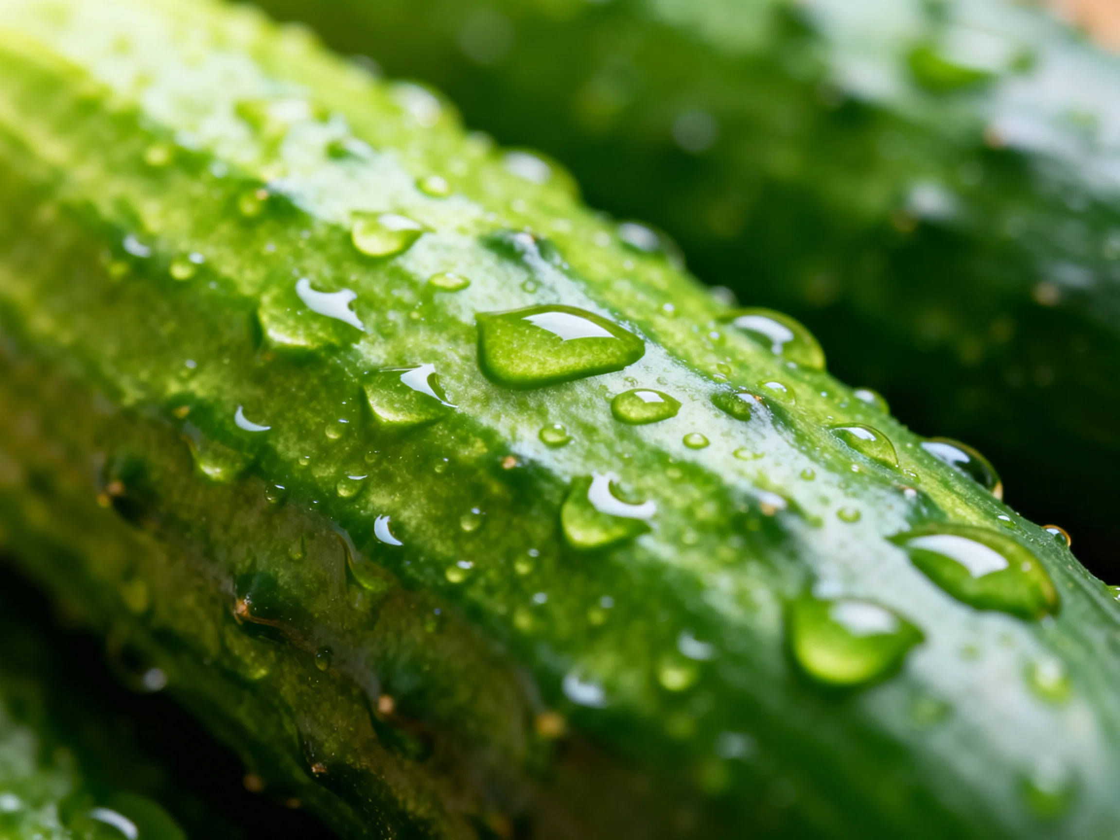 Fresh green cucumbers covered in glistening water droplets