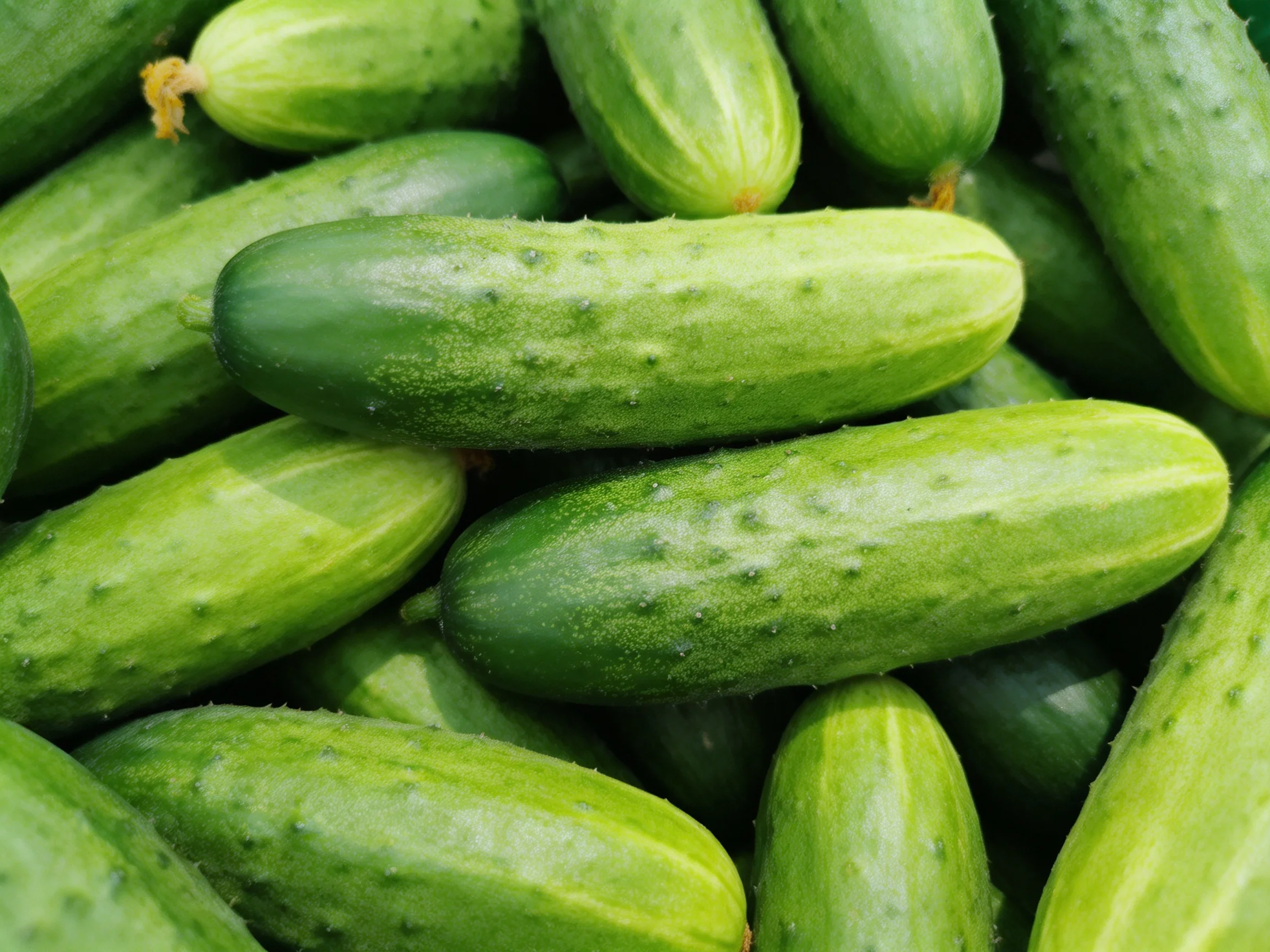 Fresh green cucumbers densely arranged in a vibrant pile