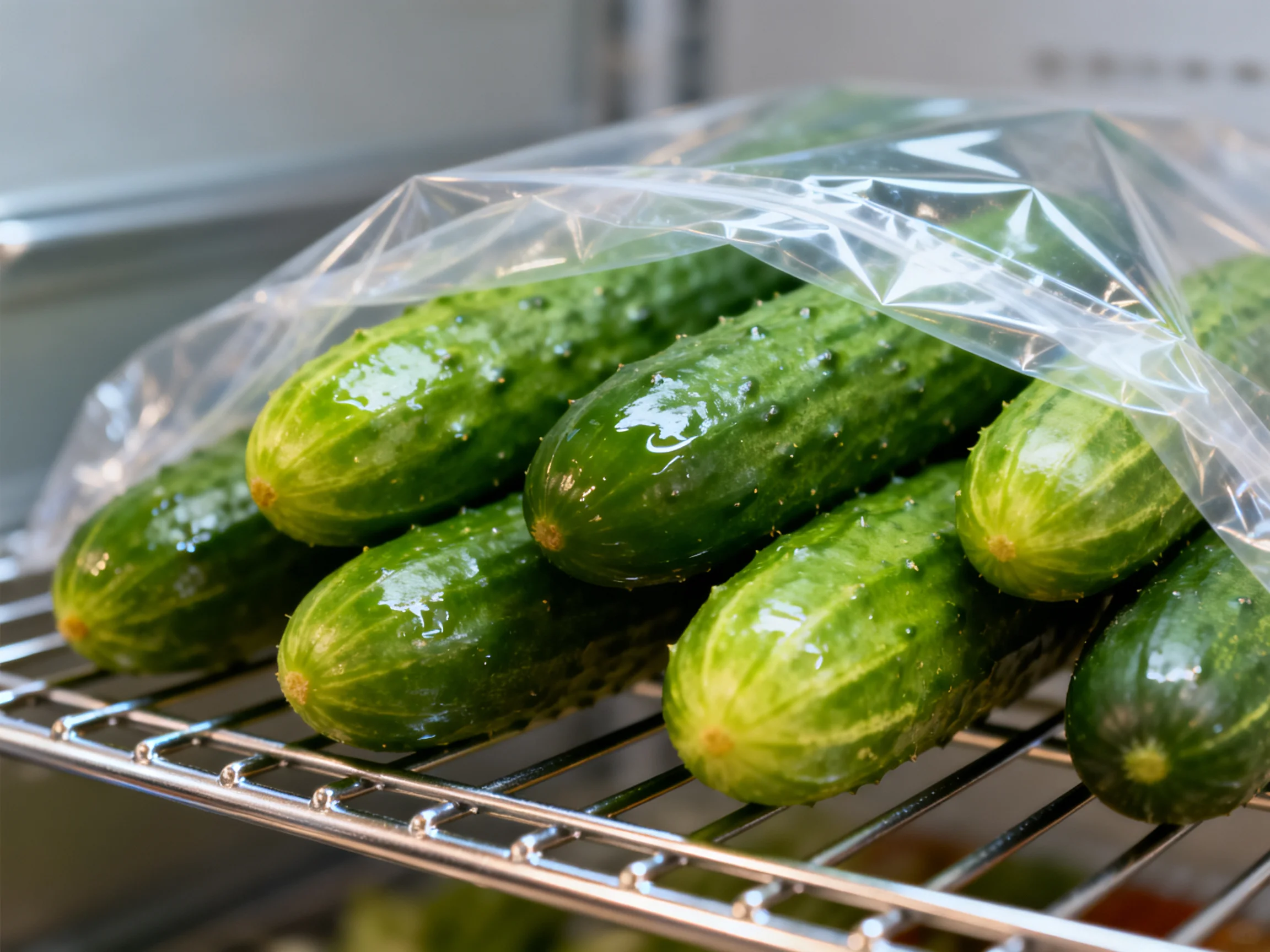 Fresh green cucumbers in a clear plastic bag on a metal rack