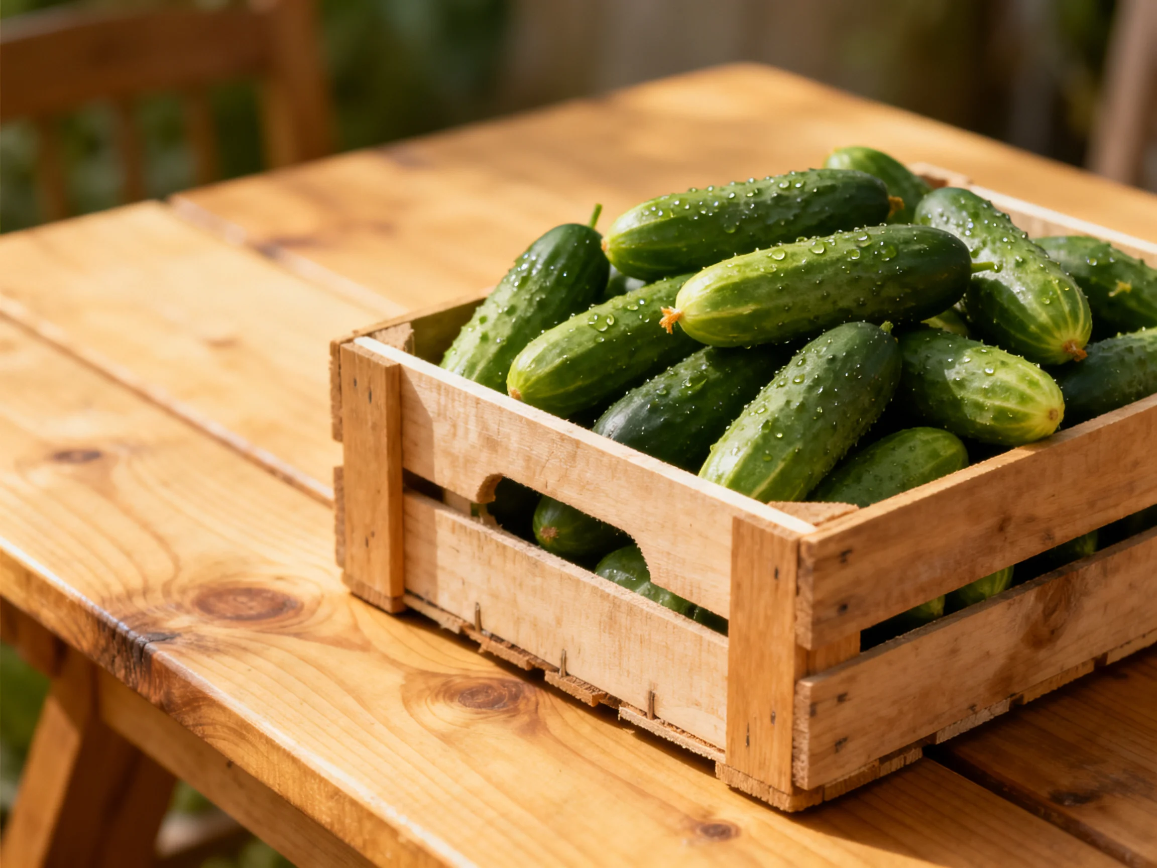 Fresh green cucumbers in a wooden crate on a polished wooden table