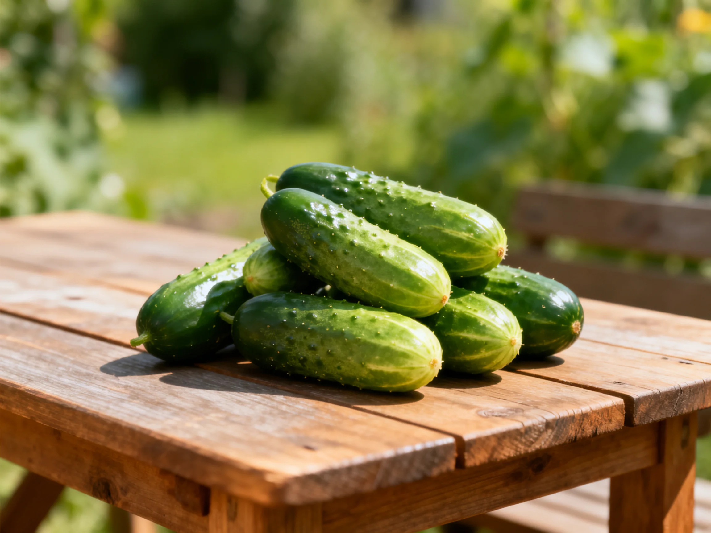 Fresh green cucumbers piled on a rustic wooden table in a sunny garden
