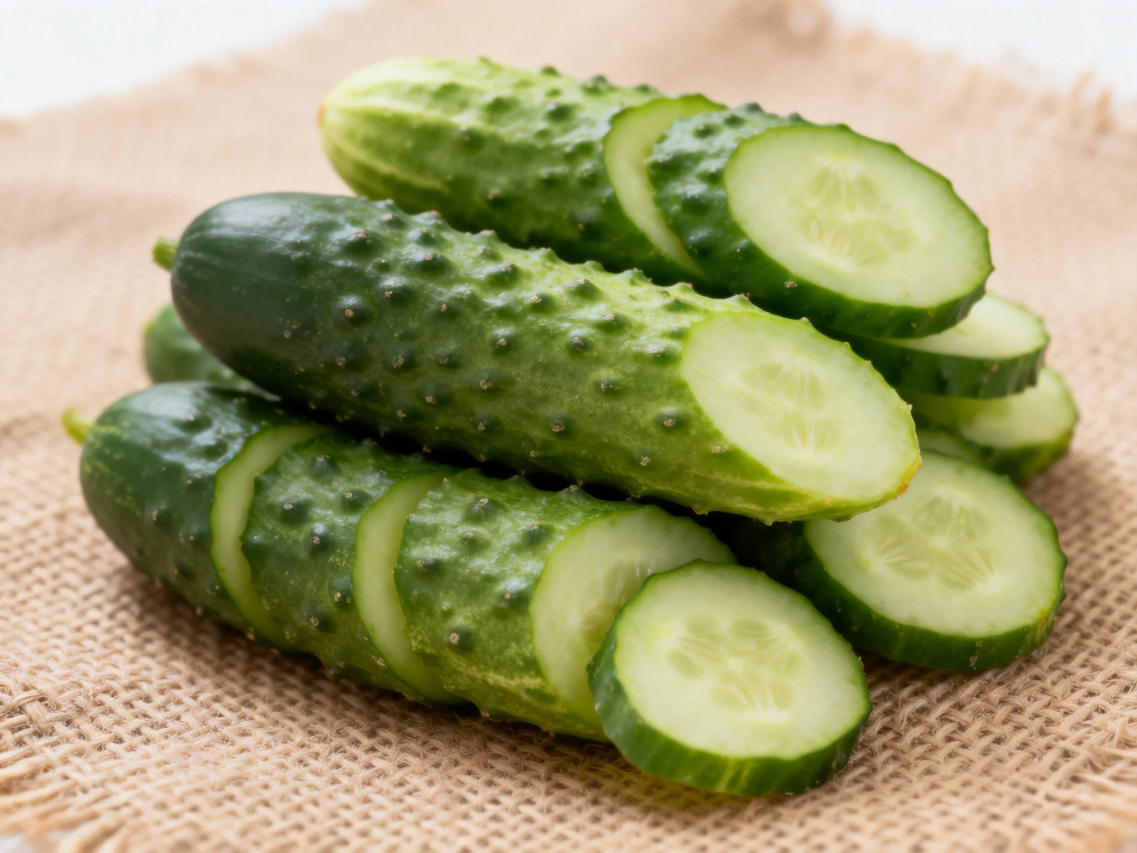 Fresh green cucumbers, some sliced, on burlap fabric