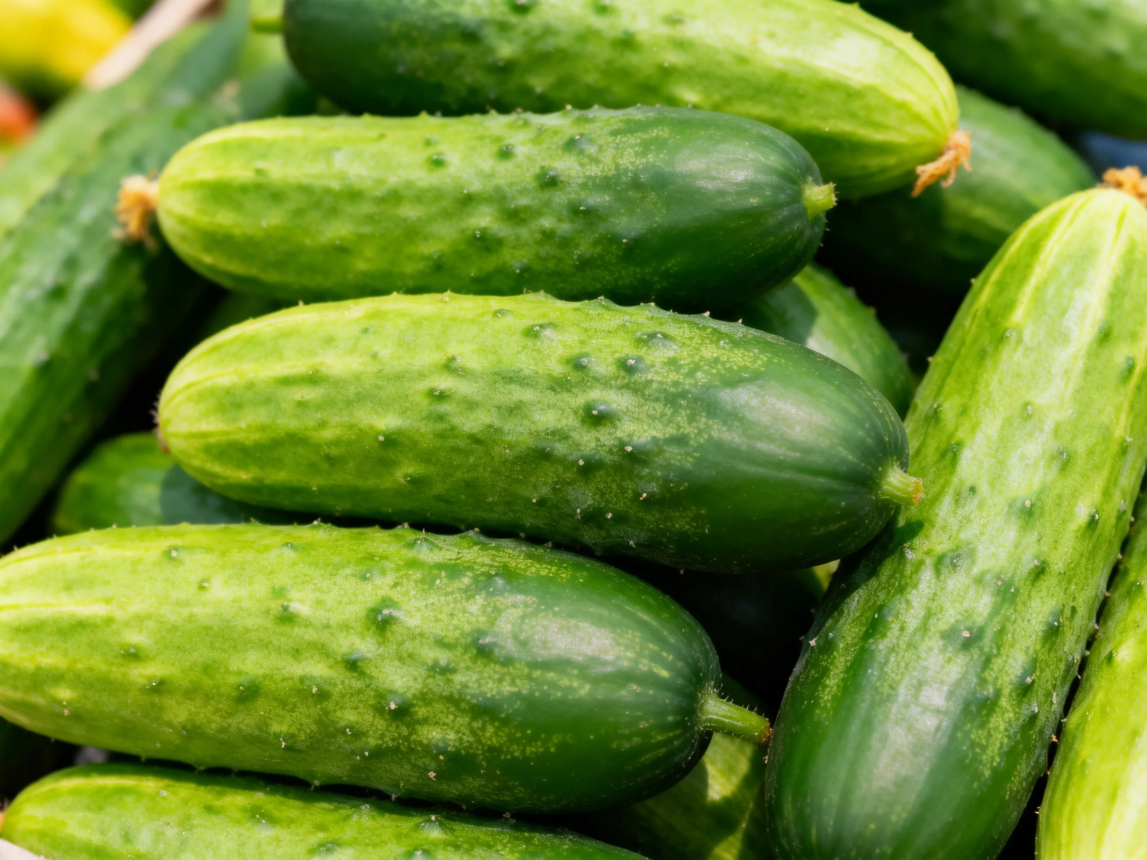 Fresh green cucumbers stacked densely in a vibrant arrangement