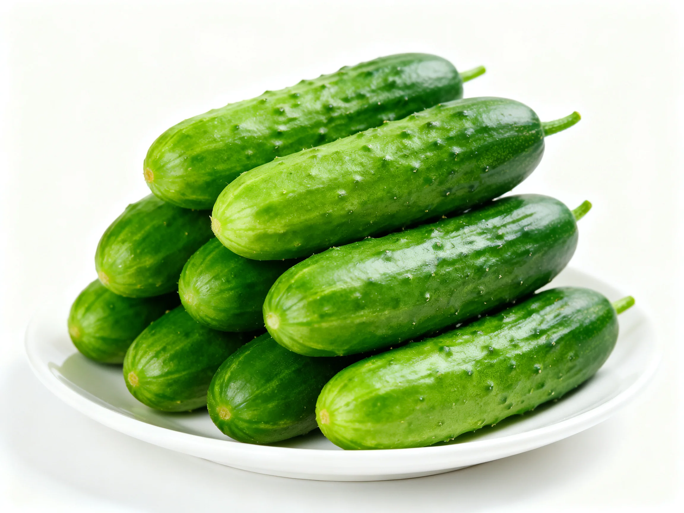 Fresh green cucumbers stacked in a pyramid formation on a white plate