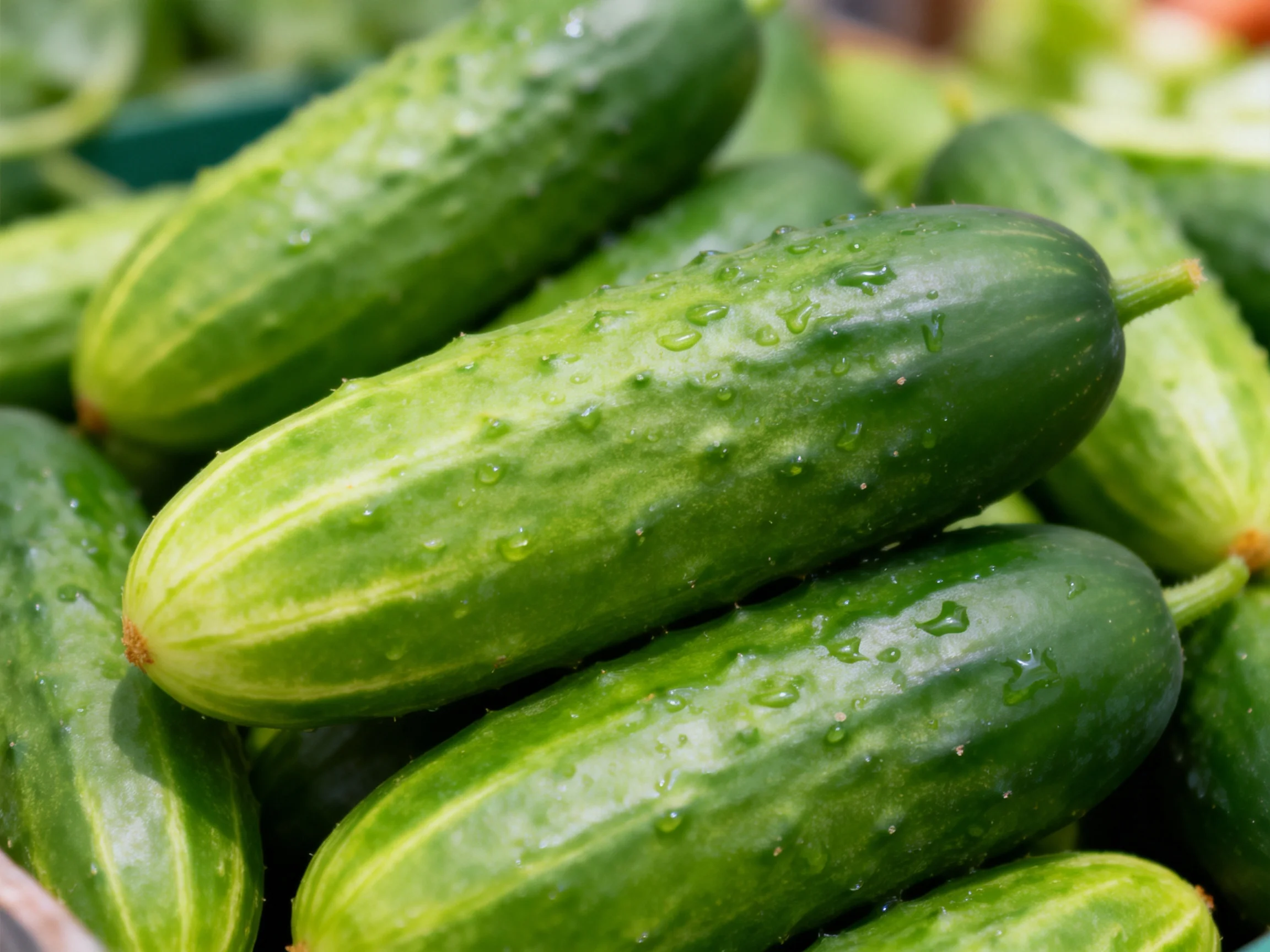 Fresh green cucumbers stacked with glistening water droplets