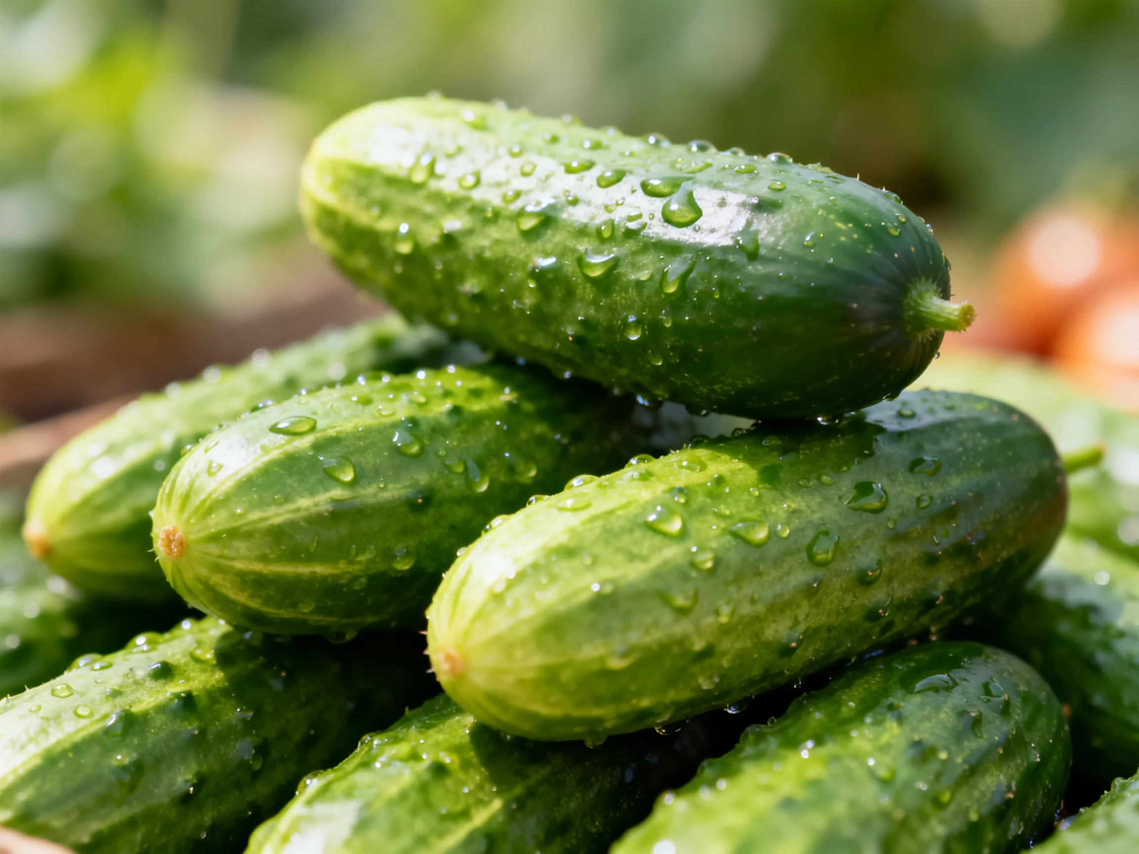 Fresh green cucumbers stacked with glistening water droplets