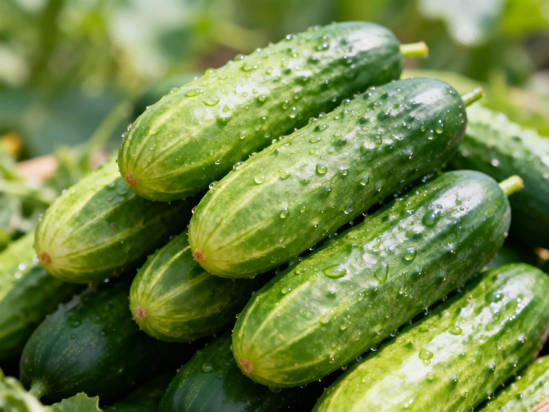 Fresh green cucumbers stacked with water droplets
