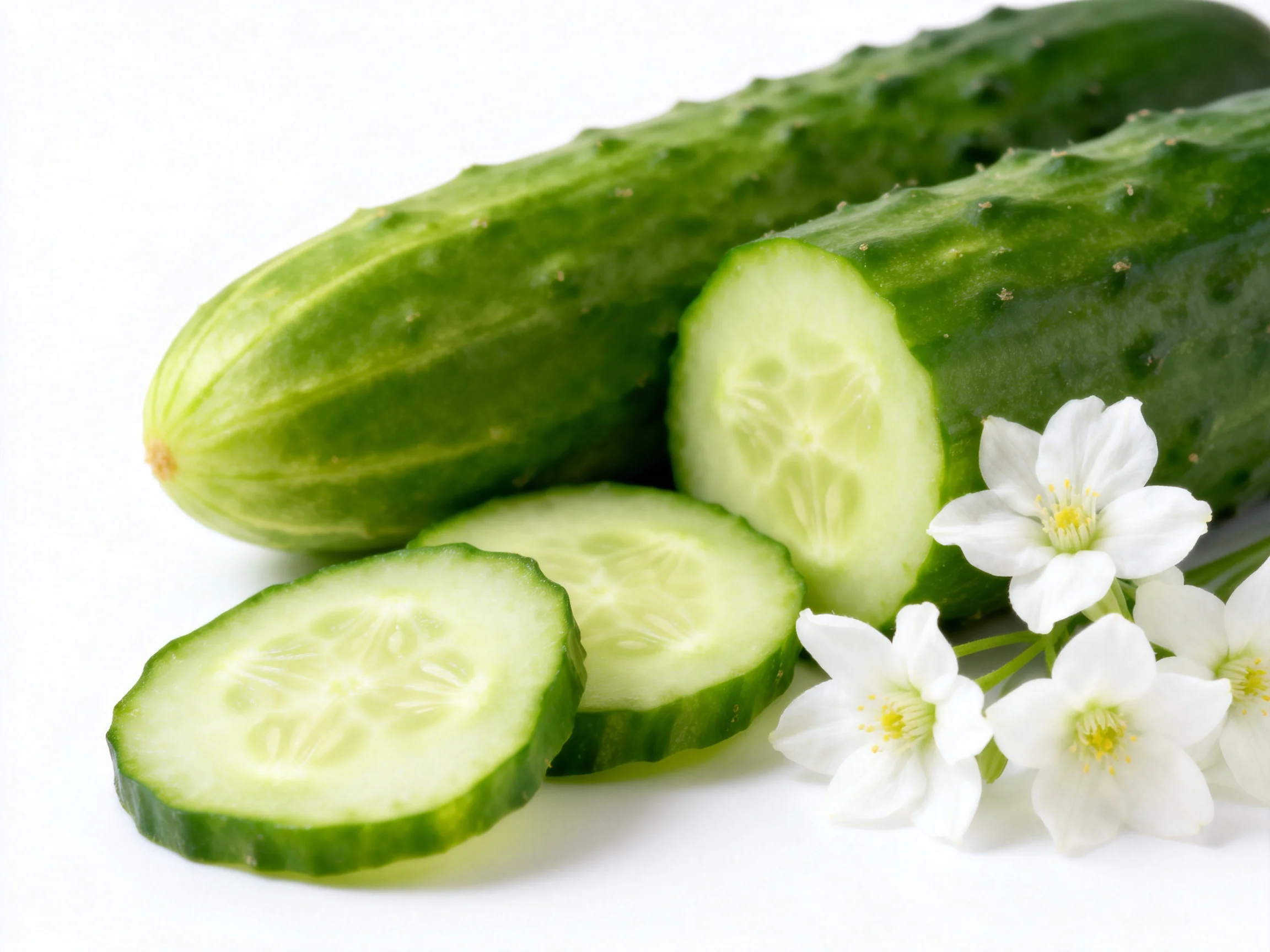 Fresh green cucumbers whole and sliced with white flowers