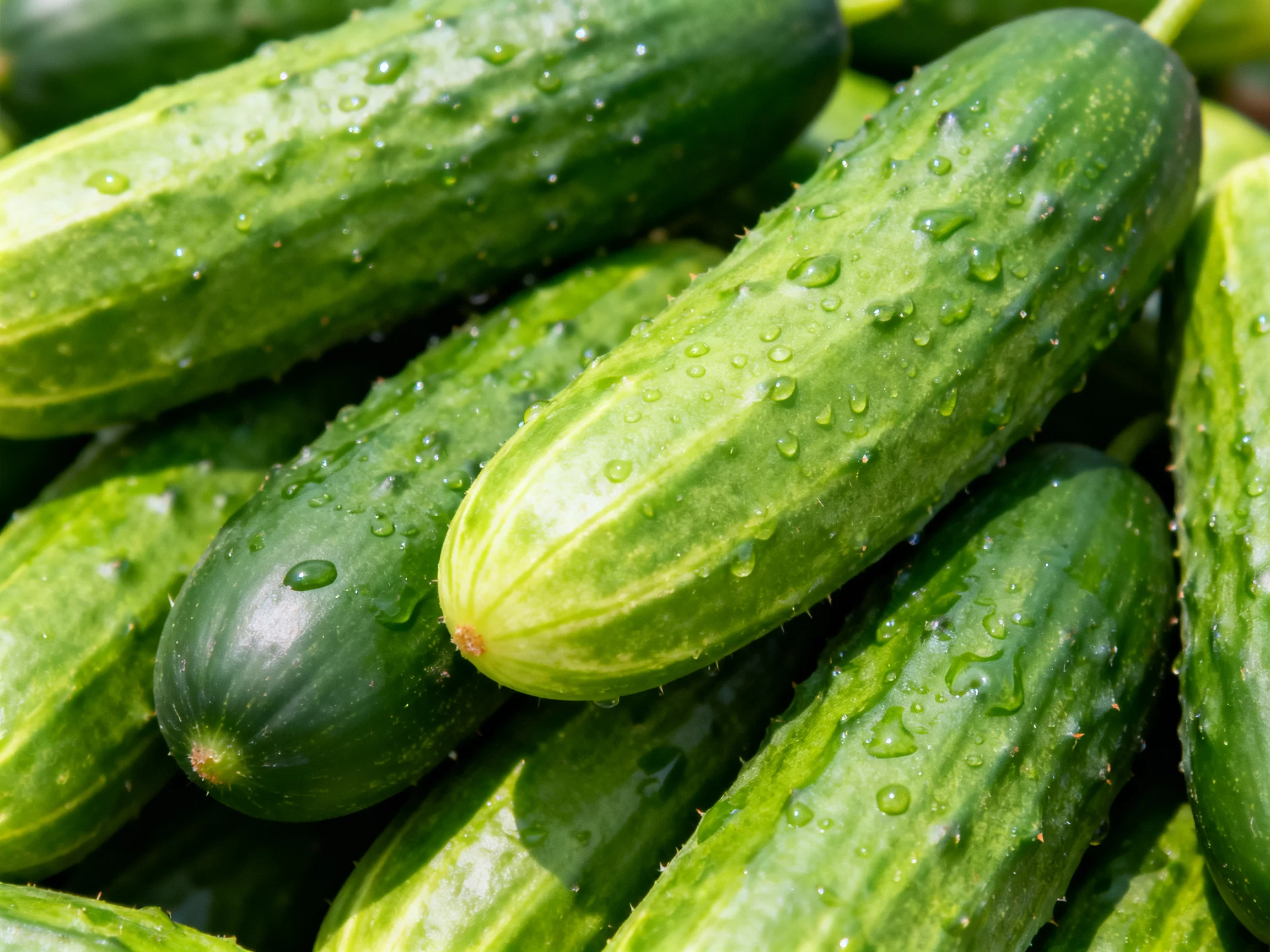 Fresh green cucumbers with water droplets clustered closely